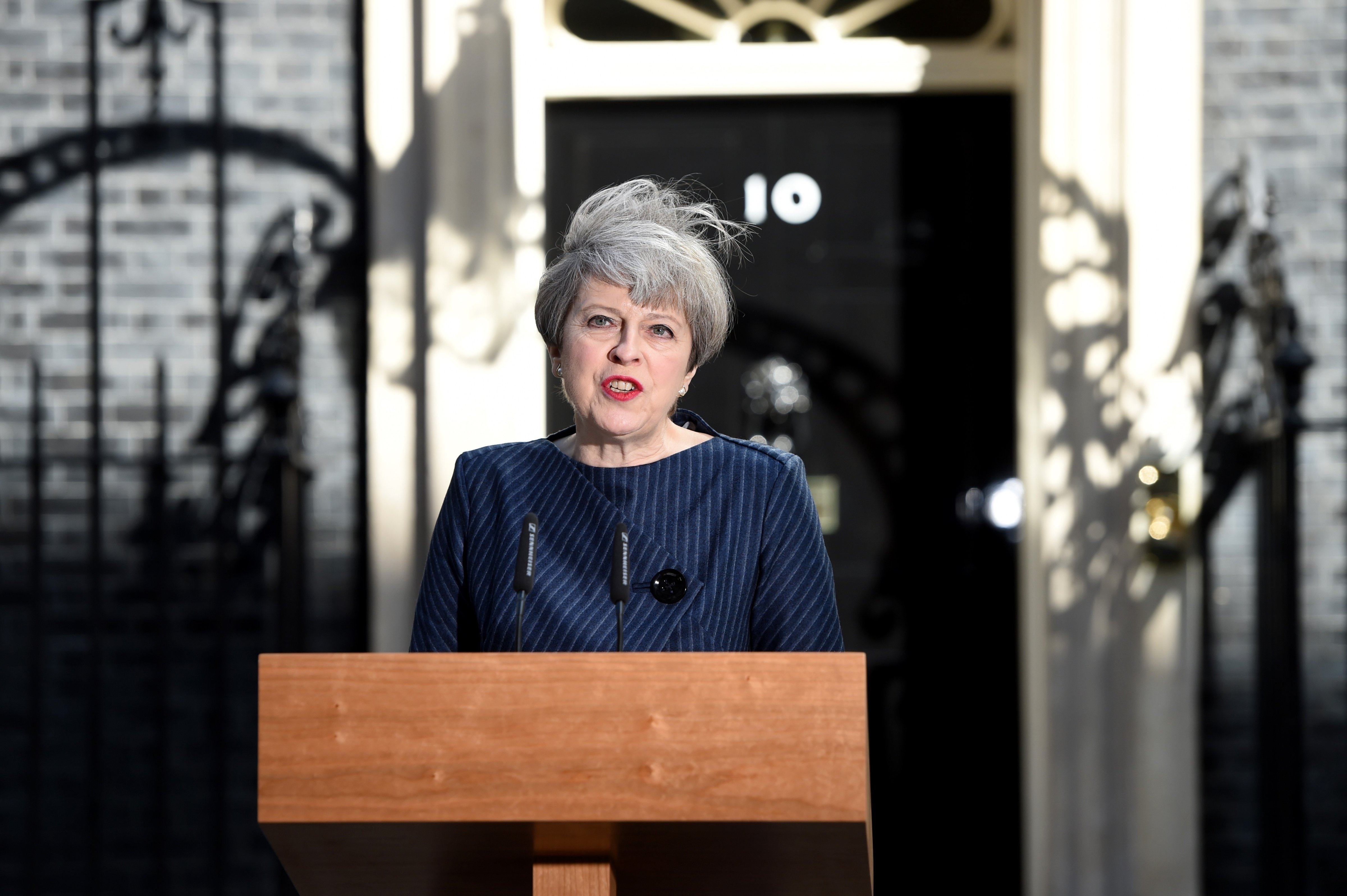 British Prime Minister Theresa May makes a statement to the nation in Downing Street on April 18, 2017 in London, United Kingdom. (Kate Green/Anadolu Agency—Getty Images)
