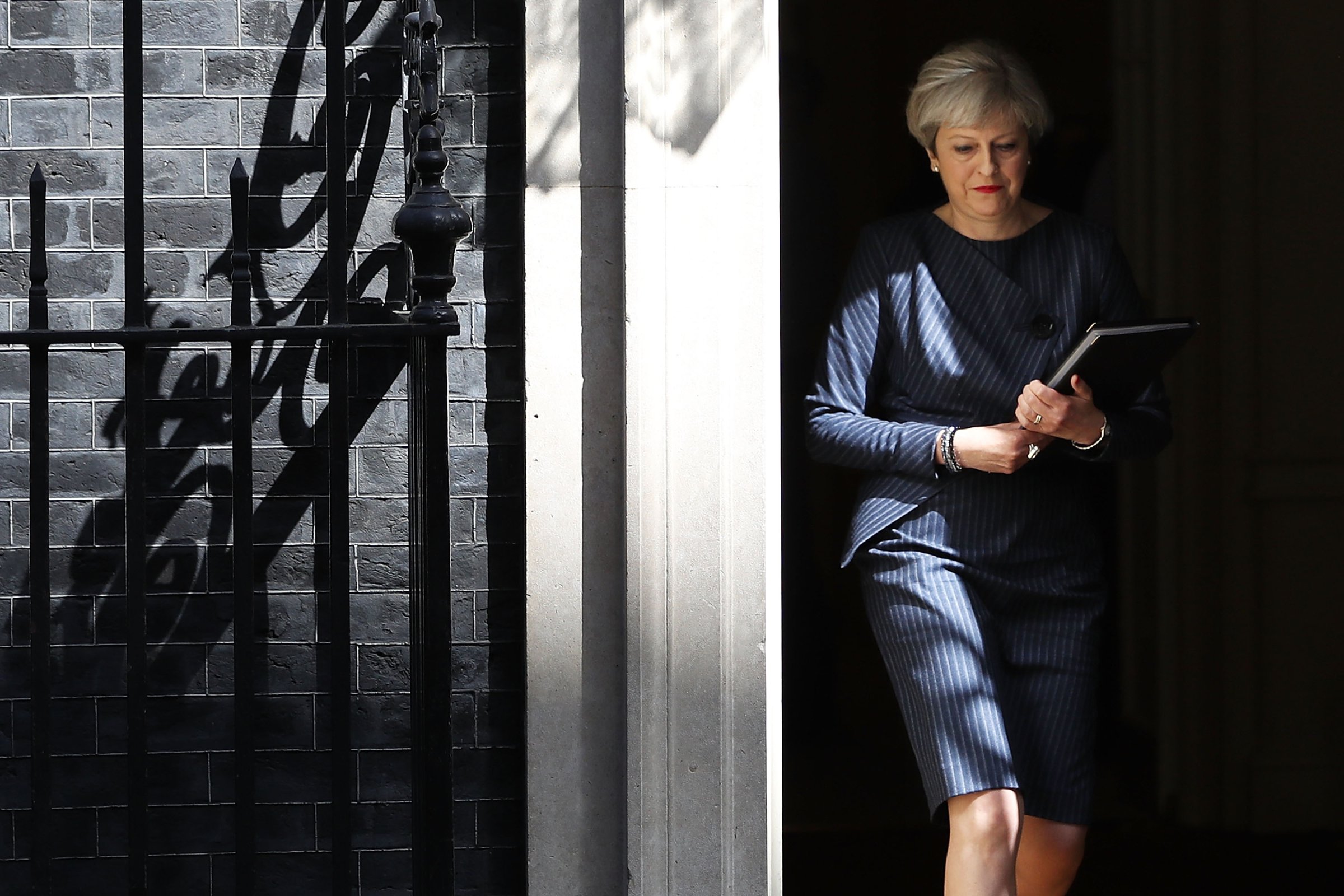 Prime Minister Theresa May prepares to make a statement to the nation in Downing Street on April 18, 2017 in London, United Kingdom.