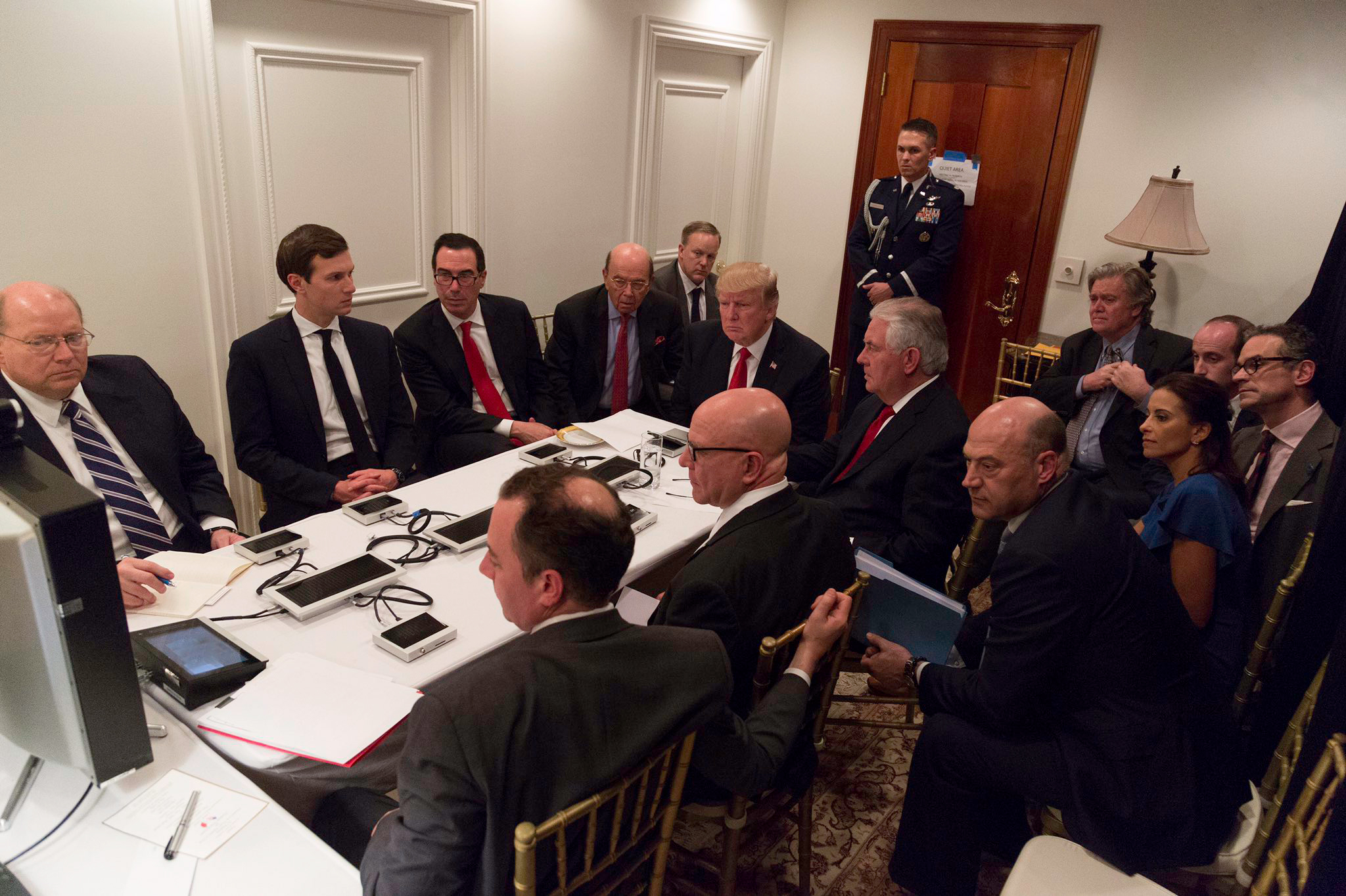 An image released April 7, 2017, by White House Press Secretary Sean Spicer that is said to show a national security briefing at President Trump at Mar-a-Lago after the U.S. launched missiles into Syria on April 6, 2017. Spicer said on Twitter the photo was edited for security. (The White House)