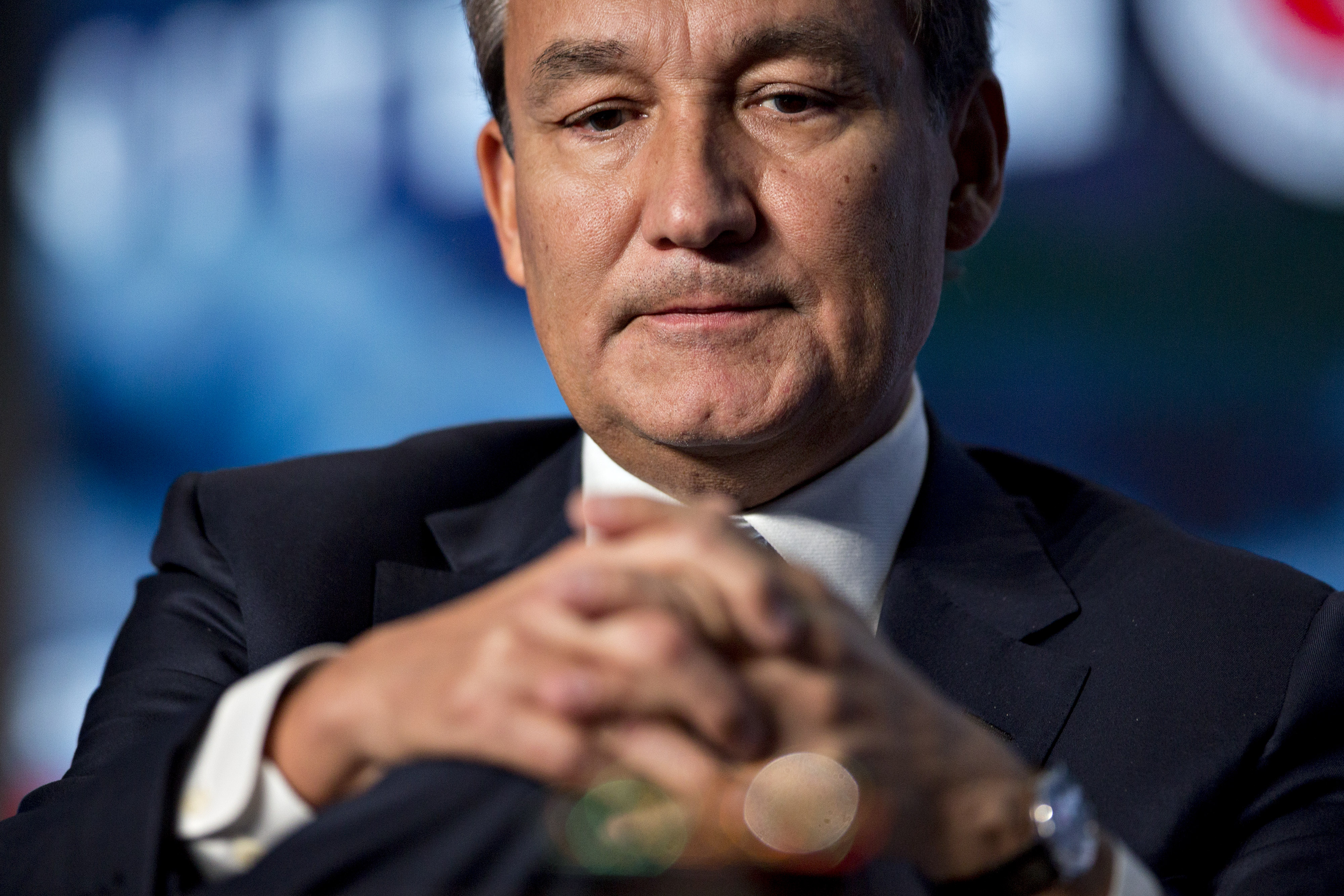 Oscar Munoz, chief executive officer of United Continental Holdings Inc., listens during a discussion at the U.S. Chamber of Commerce aviation summit in Washington, D.C., on March 2, 2017. (Andrew Harrer—Bloomberg/Getty Images)