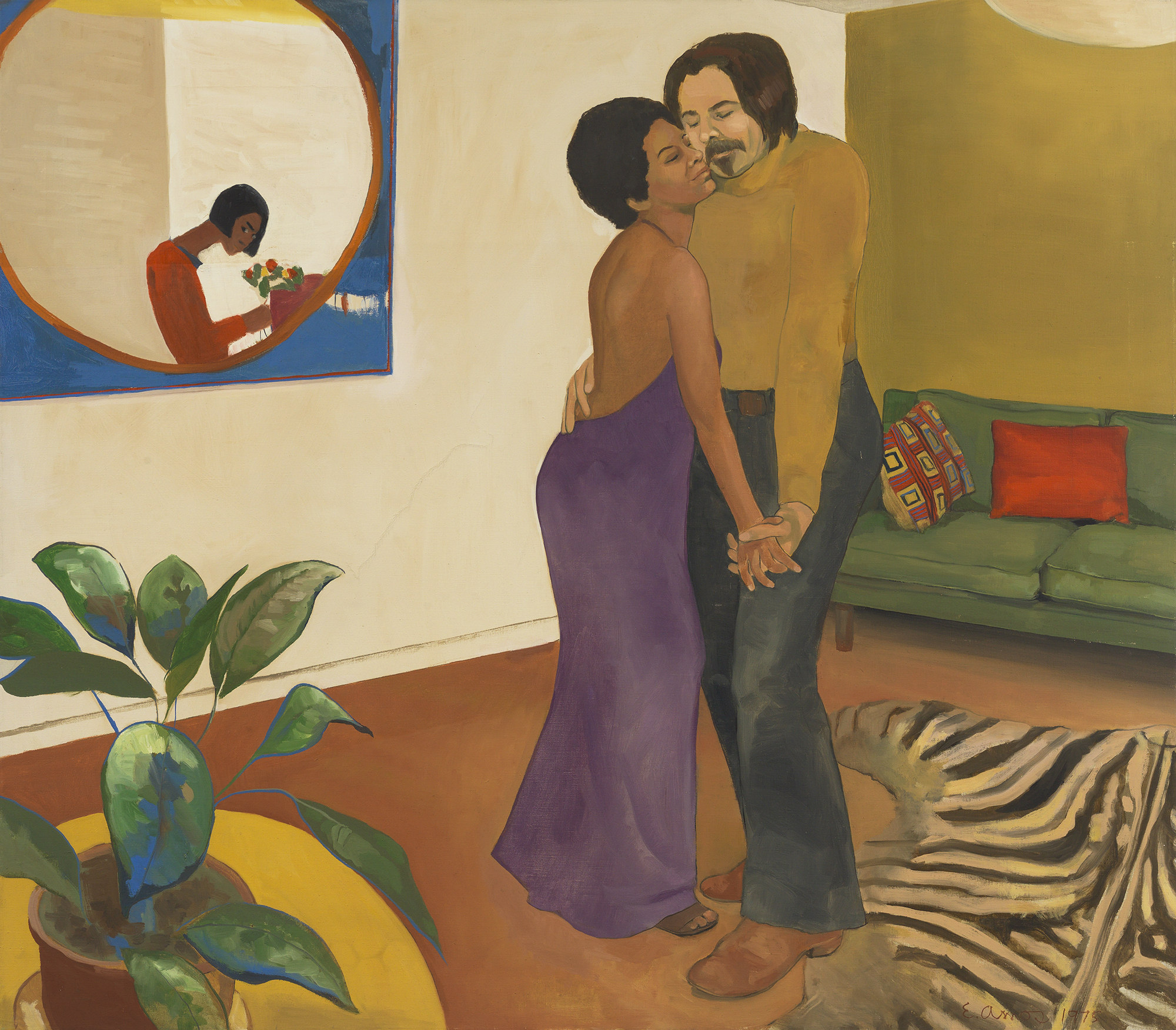 Emma Amos (America, born 1938). Sandy and Her Husband, 1973. Oil on canvas, 44º x 50º in. (112.4 x 127.6 cm). Courtesy of Emma Amos. © Emma Amos; courtesy of the artist and RYAN LEE, New York. Licensed by VAGA, New York. The final reproduced image is to be in no way altered from the original. This includes cropping or overlaying text.