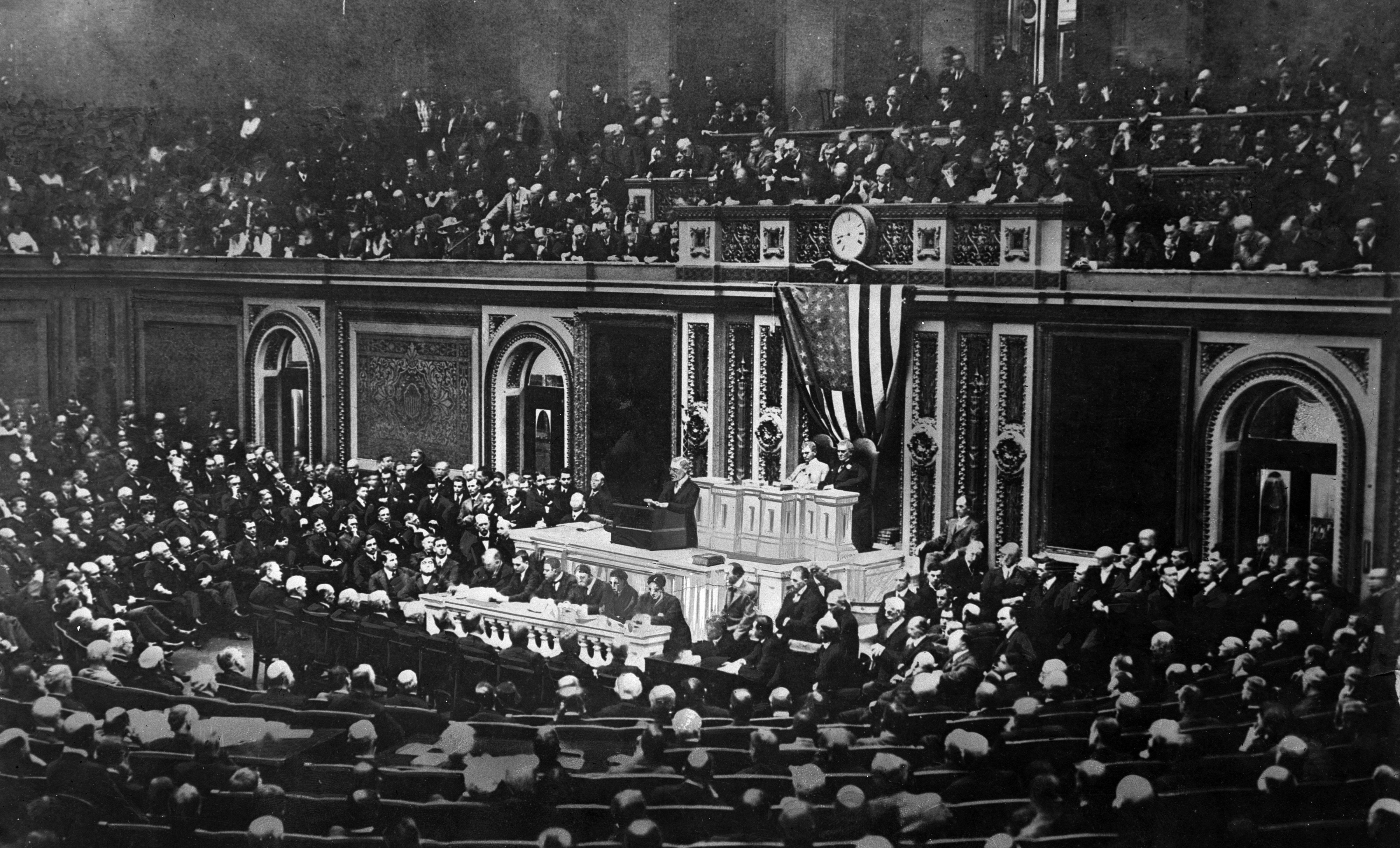 President Woodrow Wilson asks Congress to send U.S. troops into battle against Germany in World War I, in his address to Congress in Washington D.C. on April 2, 1917. (The Stanley Weston Archive—Getty Images)