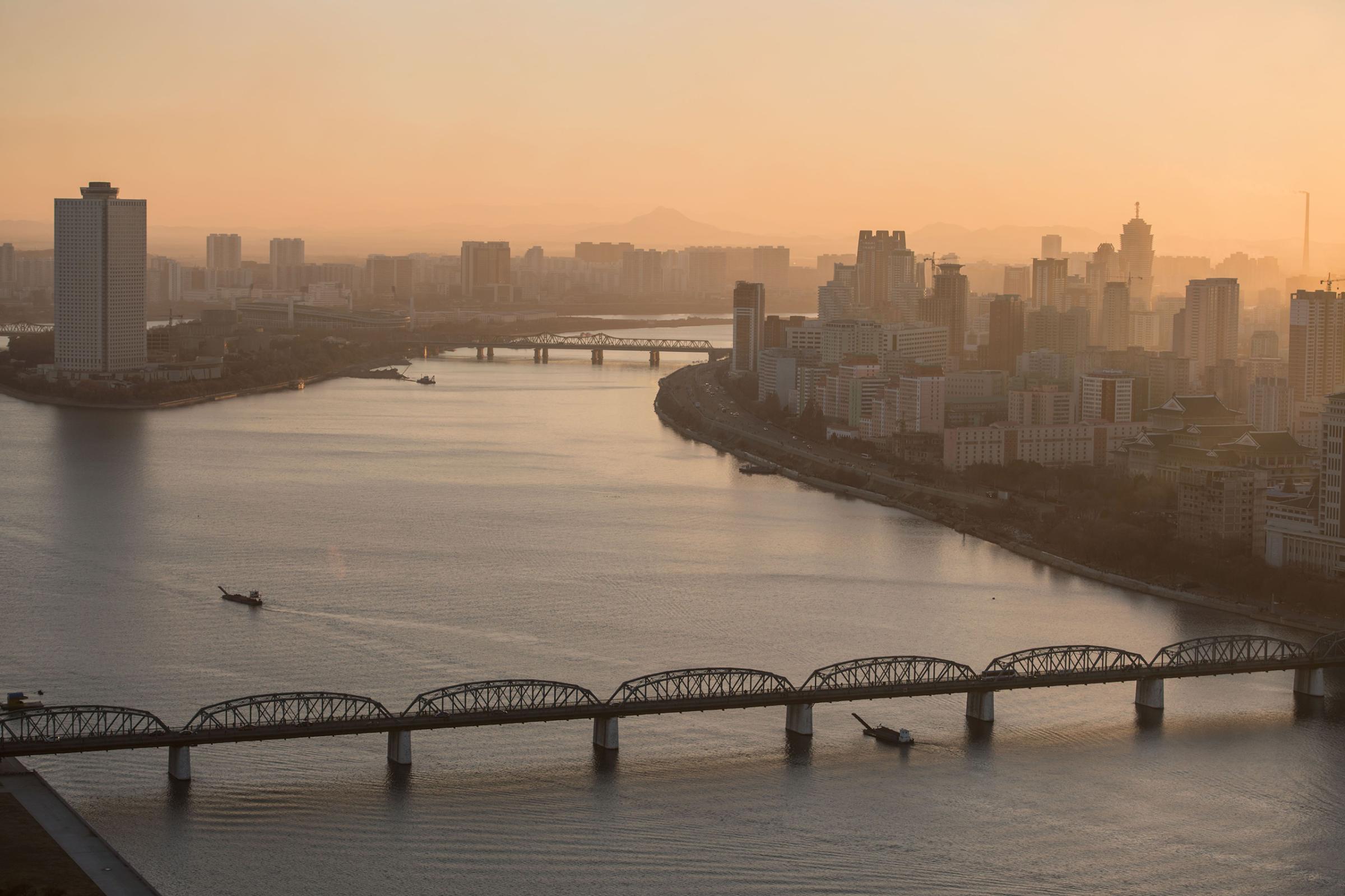 The Yanggakdo hotel, Taedong river and the Pyongyang city skyline on Nov. 28, 2016.