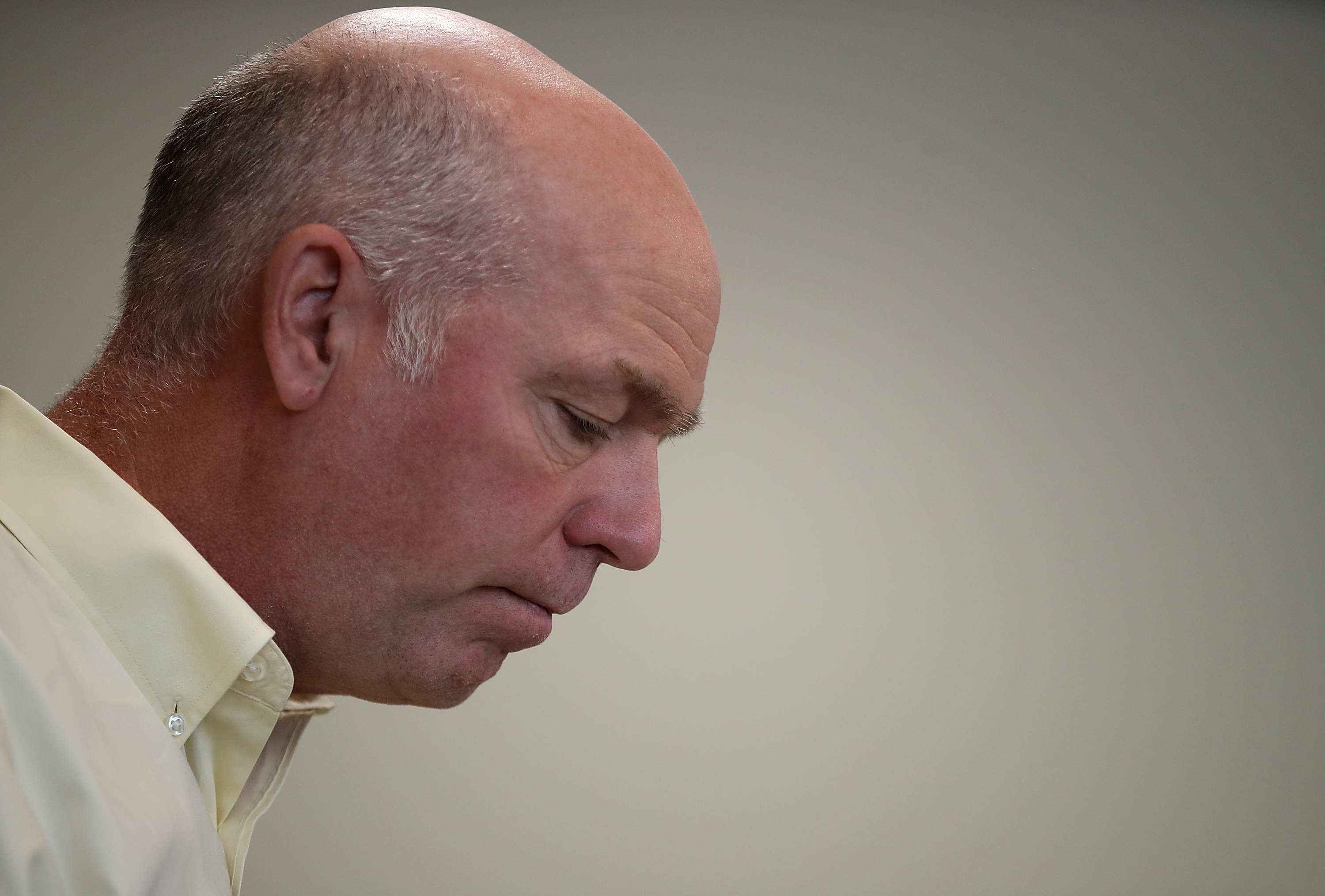 Republican Congressional candidate Greg Gianforte looks on during a campaign meet and greet at Lambros Real Estate on May 24, 2017 in Missoula, Montana. (Justin Sullivan—Getty Images)