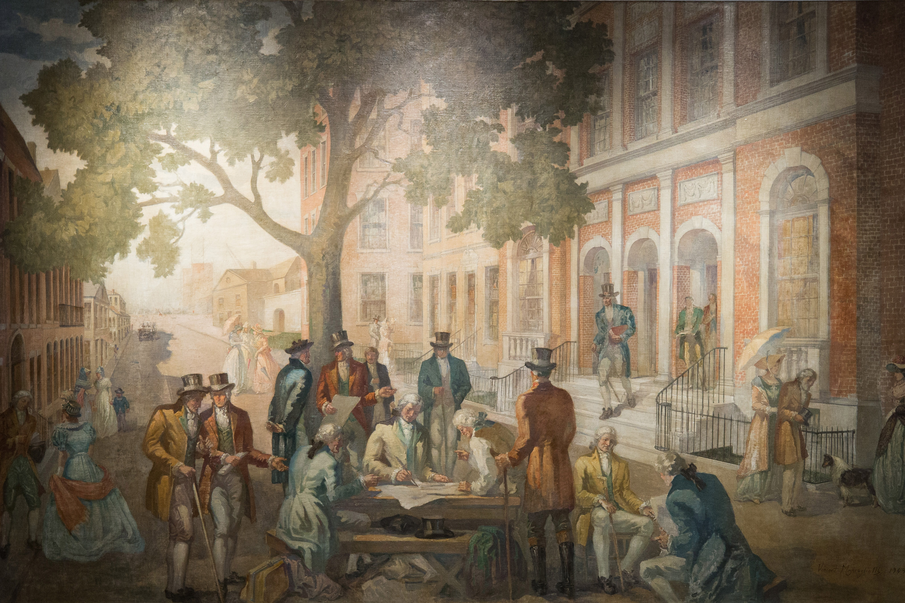 A photo of the restored mural reimagining the signing of the Buttonwood Agreement at 1792, the bar and restaurant at the New York Stock Exchange. (Courtesy of the New York Stock Exchange)