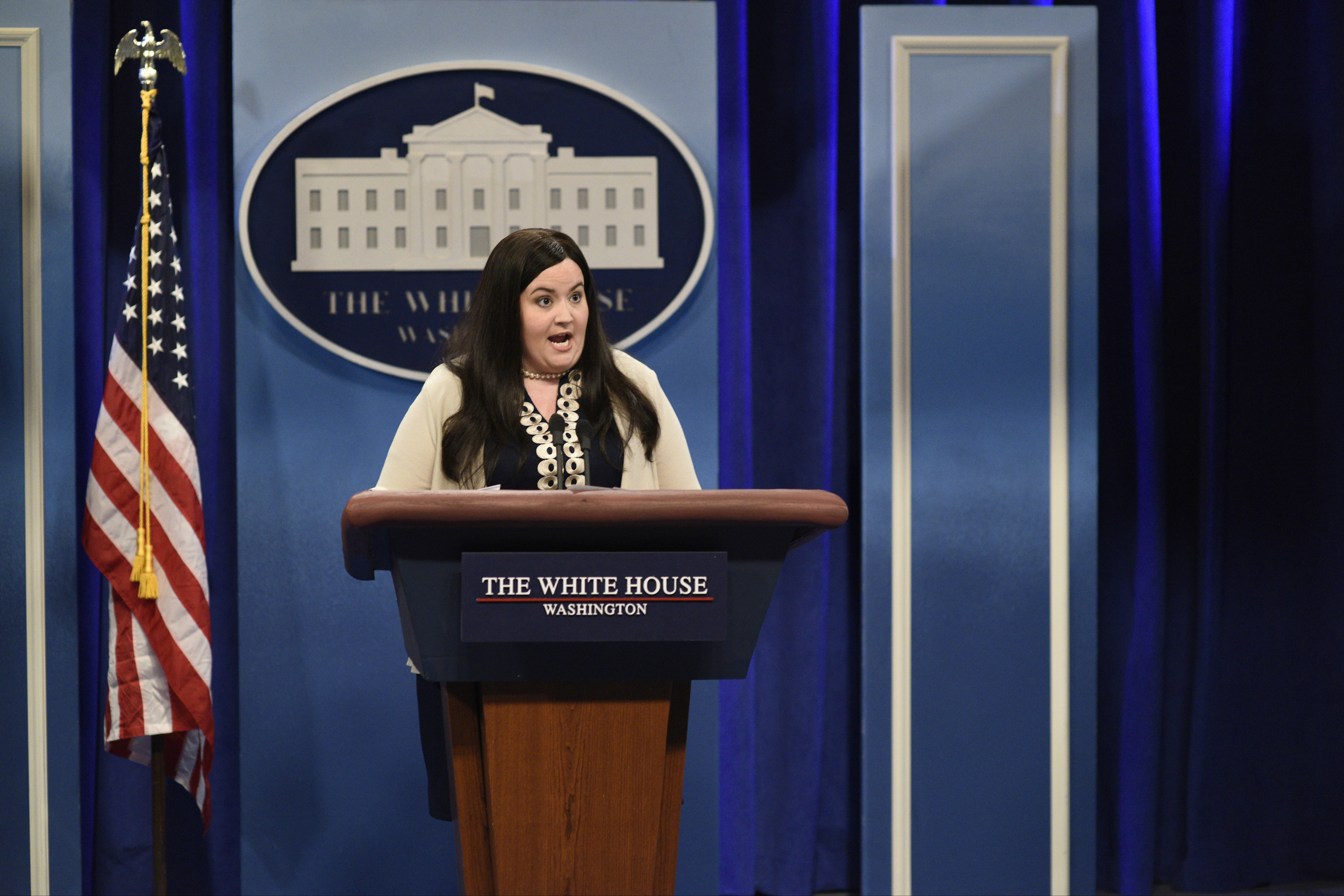 Aidy Bryant as Principal Deputy White House Press Secretary Sarah Huckabee Sanders during "Spicer Returns" in Studio 8H on May 13, 2017. (Will Heath—NBC/Getty Images)