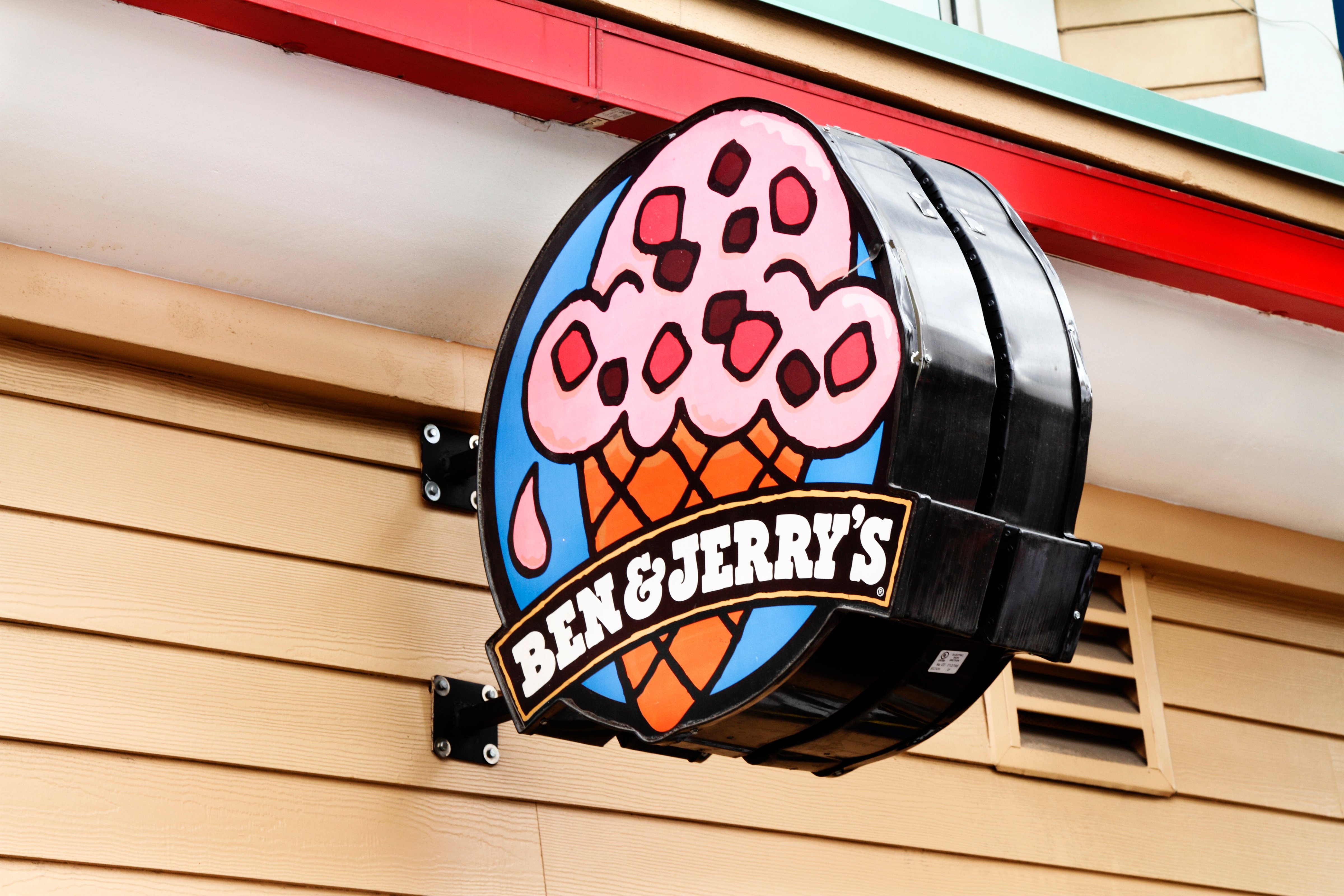 A Ben and Jerry's Ice Cream shop sign on an exterior store wall in Las Vegas, Nevada.  Ben and Jerry's is a national chain of ice cream shops that uses all natural ingredients to make gourmet ice cream in many flavors. (NoDerog,Getty Images)