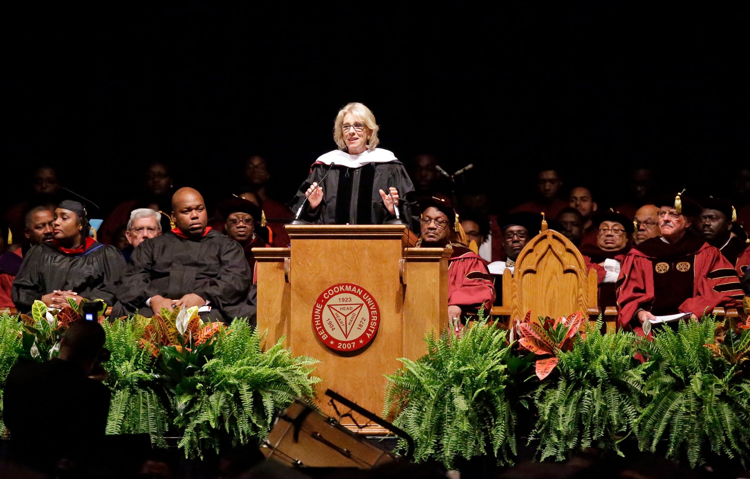 Education Secretary Betsy DeVos delivers a commencement address to graduates at Bethune-Cookman University on May 10, 2017, in Daytona Beach, Fla.
