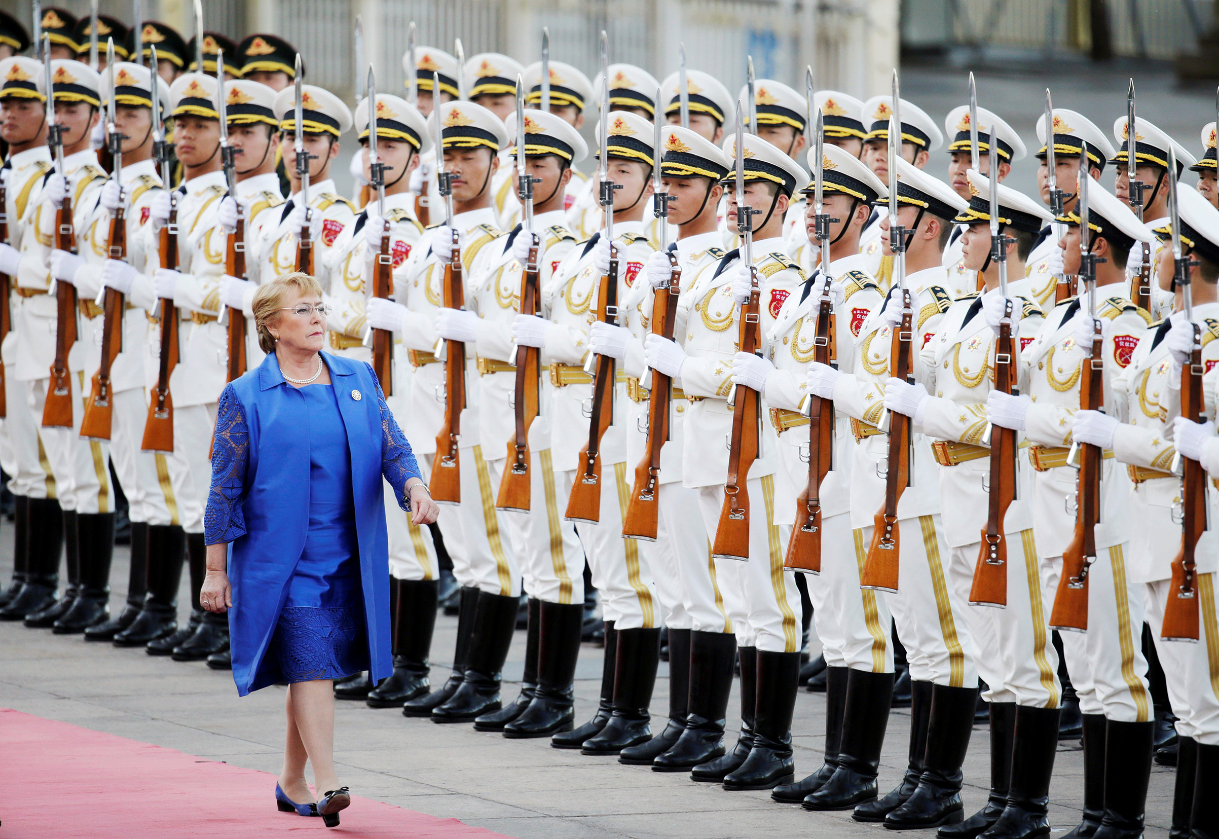 Chilean President Michelle Bachelet reviews the honour guard at a welcoming ceremony ahead of the Belt and Road Forum in Beijing, China May 13, 2017. (Jason Lee—Reuters)