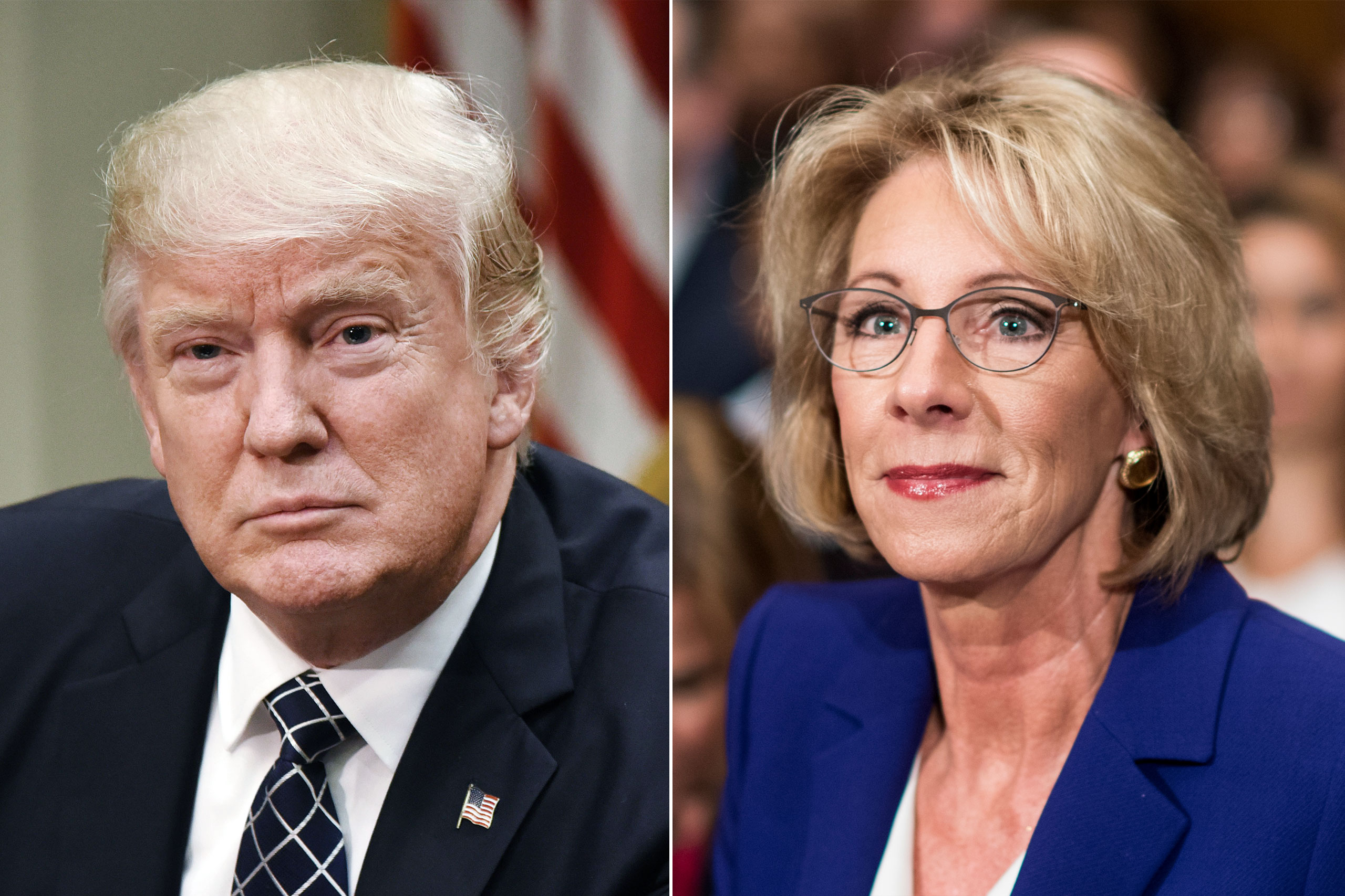 Donald Trump in Washington, DC, on April 25, 2017 (L); Betsy DeVos in Washington, DC, on Jan. 17, 2017. (Olivier Douliery—Getty Images (L); Bill Clark—Getty Images)