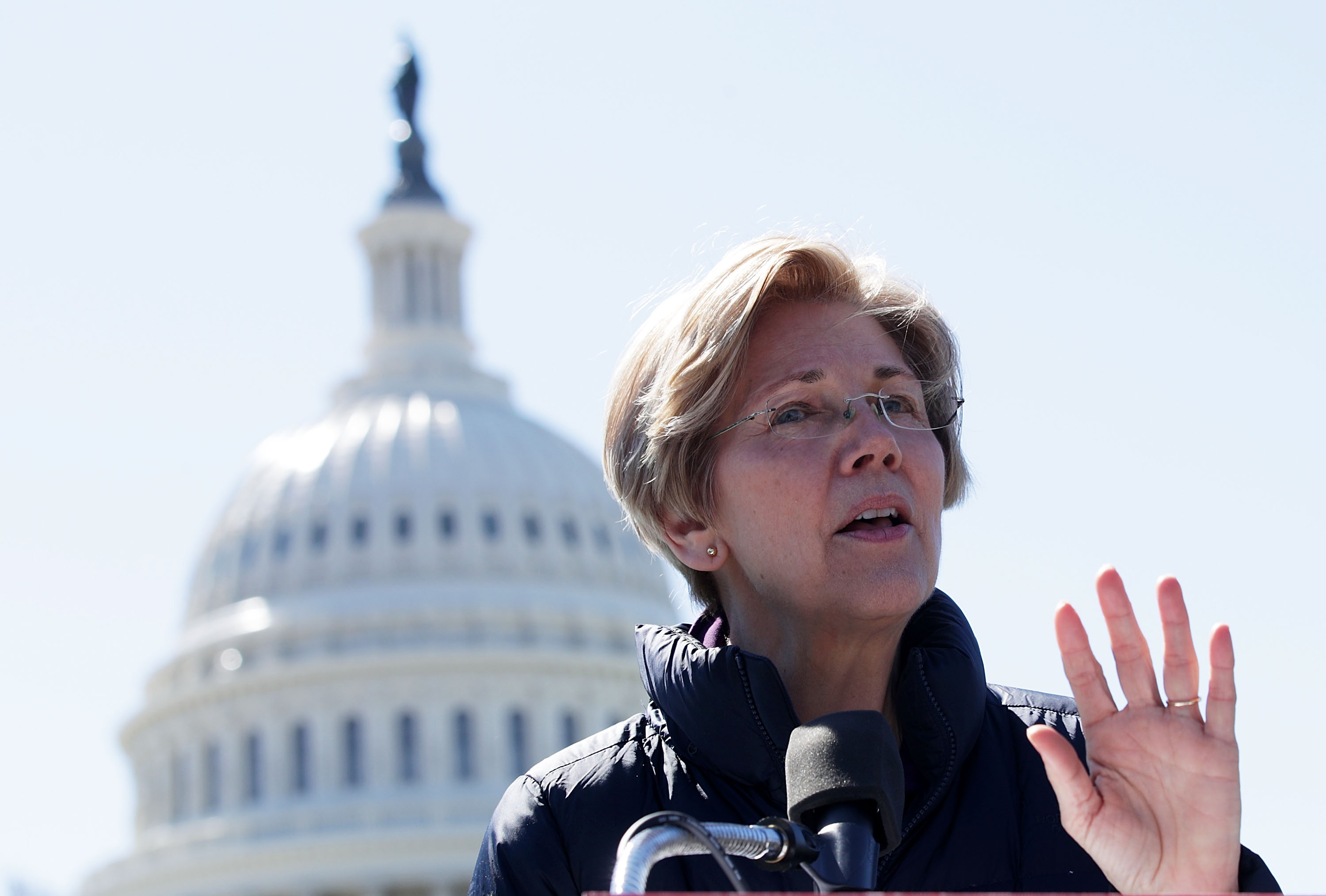 Sen. Elizabeth Warren (D-MA) speaks during a rally in front of the Capitol on March 22, 2017 in Washington, D.C. (Alex Wong/Getty Images)
