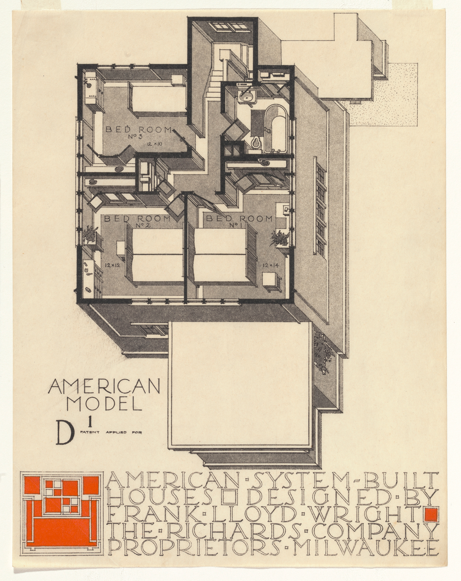 Frank Lloyd Wright (American, 1867–1959). American System-Built (Ready-Cut) Houses. Project, 1915–17. Model options. Lithograph.