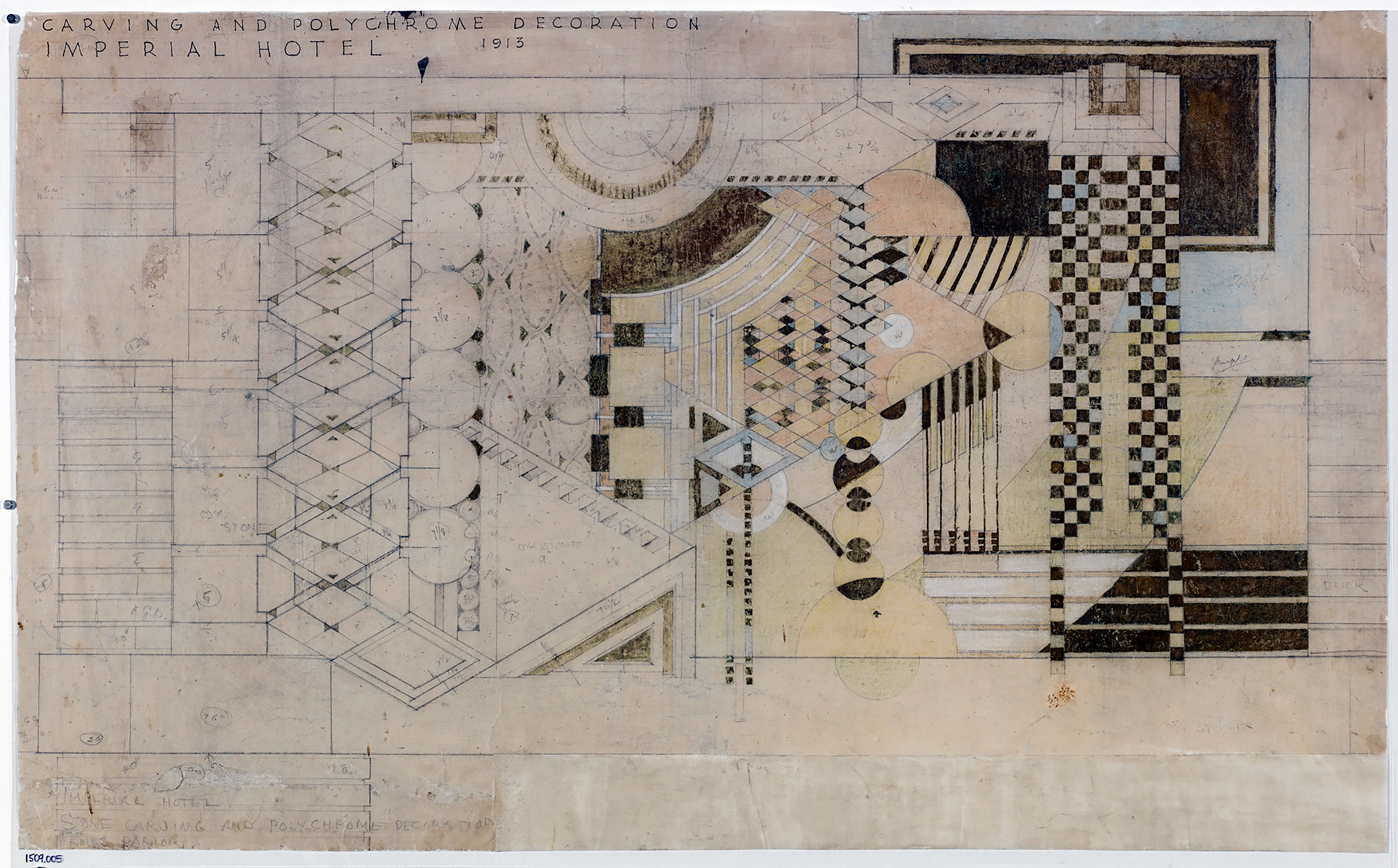Frank Lloyd Wright (American, 1867–1959). Imperial Hotel, Tokyo. 1913–23. Stone carving and polychrome decorations for the north parlor. Gold paint, pencil, and colored pencil on tracing paper.
