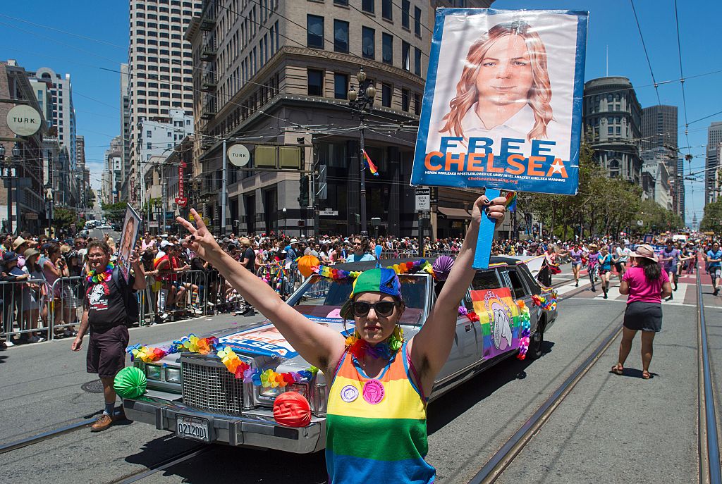 People support Chelsea Manning at the Gay Pride parade route in San Francisco, California on June, 26, 2016.