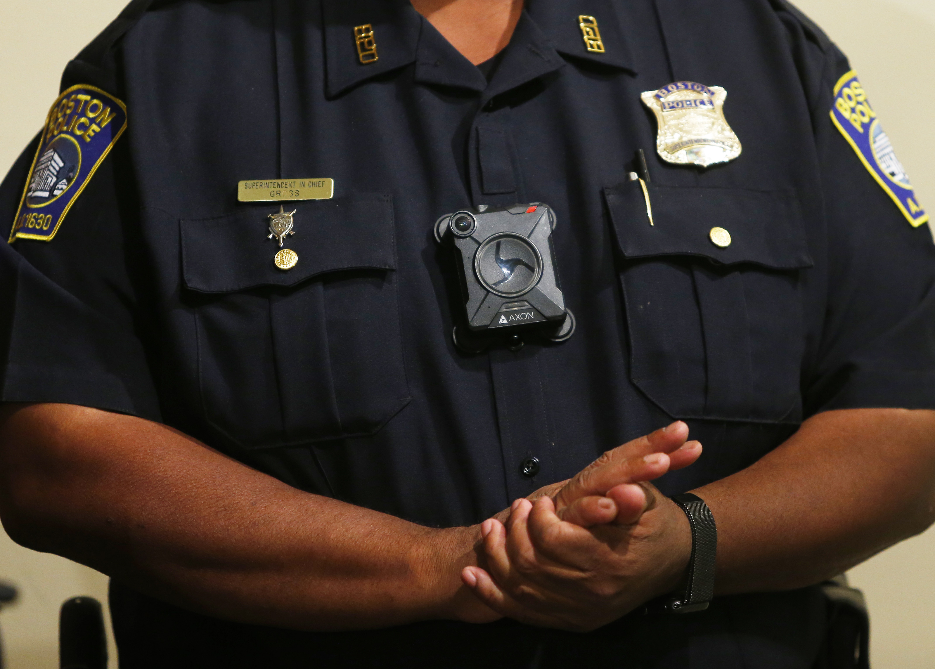 Boston Police Superintendent in Chief William Gross wears a body camera during a press conference at Police Headquarters in Boston on Sept. 20, 2016. (Jessica Rinaldi—Boston Globe via Getty Images)