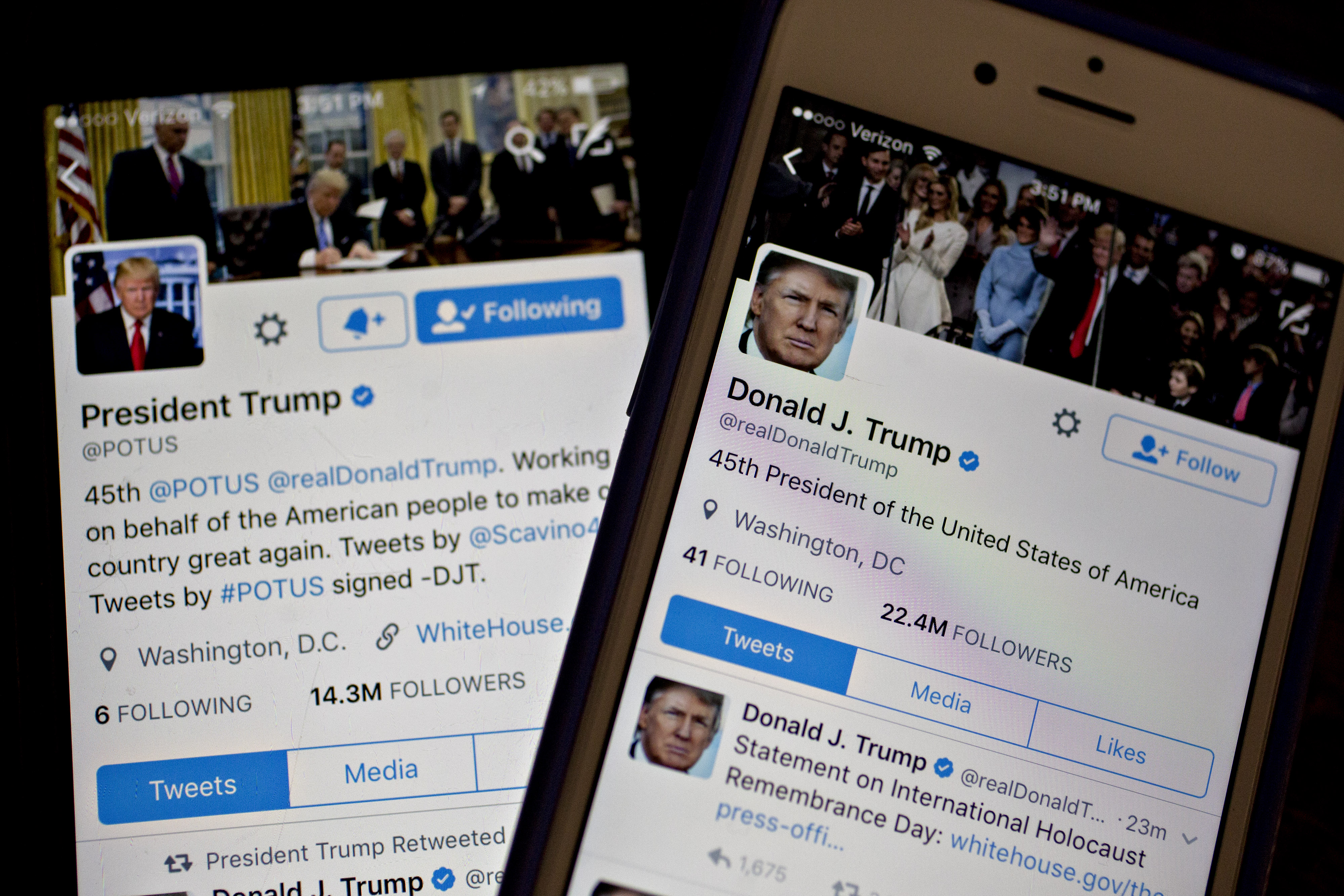 The Twitter accounts of Donald Trump, @POTUS and @realDoanldTrump. (Bloomberg/Getty Images)