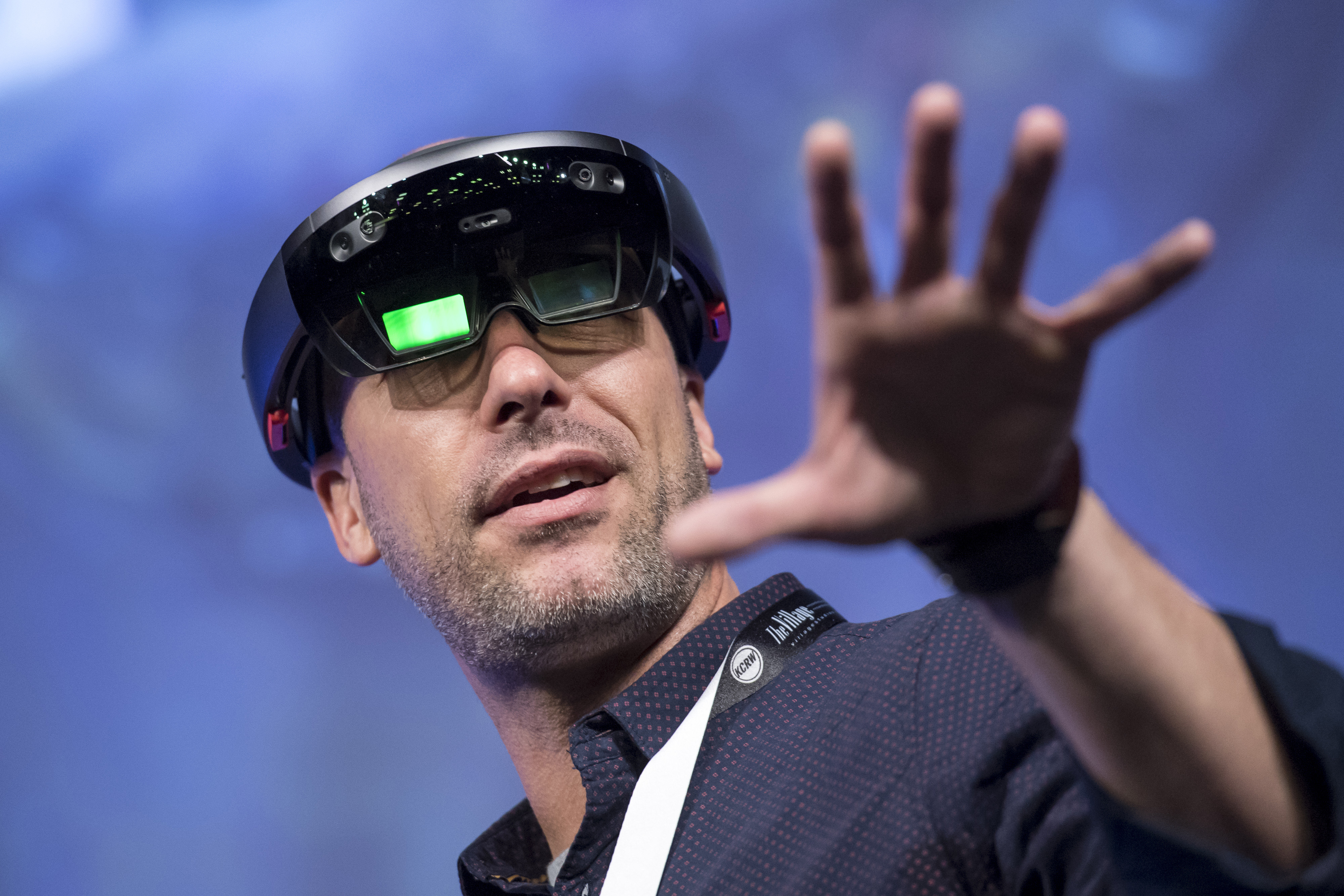 Facundo Diaz, co-founder and chief executive officer of Vrtify Inc., wears a pair of Microsoft Corp, HoloLens glasses as he speaks at the 2017 South By Southwest (SXSW) Interactive Festival at the Austin Convention Center in Austin, Texas, U.S., on Tuesday, March 14, 2017. The SXSW Interactive Festival features a variety of tracks that allow attendees to explore what's next in the worlds of entertainment, culture, and technology. Photographer: David Paul Morris/Bloomberg via Getty Images (Bloomberg&mdash;Bloomberg via Getty Images)