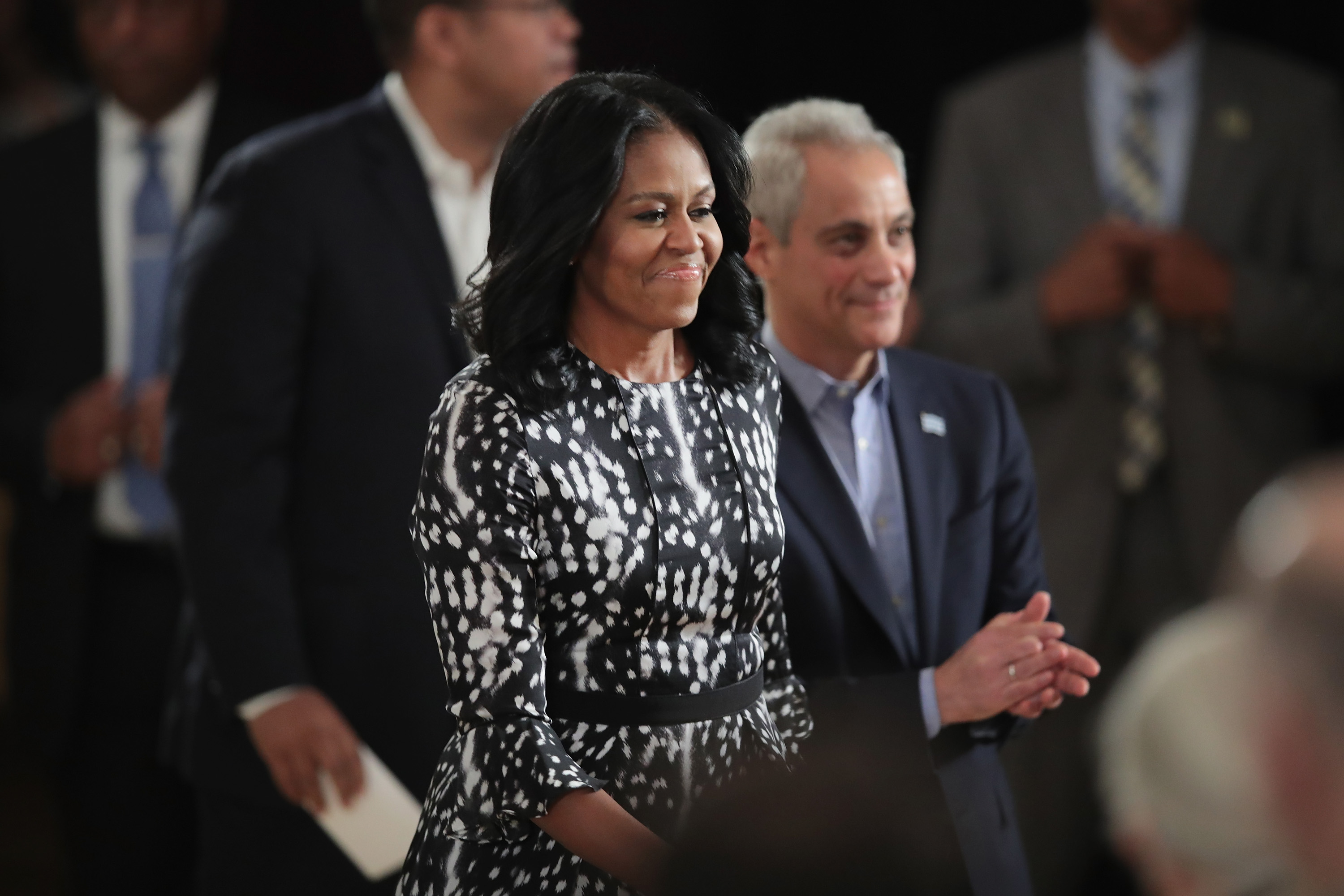 Former first lady Michelle Obama and Chicago Mayor Rahm Emanuel arrive for a roundtable discussion at the South Shore Cultural Center about the Obama Presidential Center, which is scheduled to be built in nearby Jackson Park, on May 3, 2017 in Chicago, Illinois. The Presidential Center design envisions three buildings, a museum, library and forum. (Scott Olson—Getty Images)