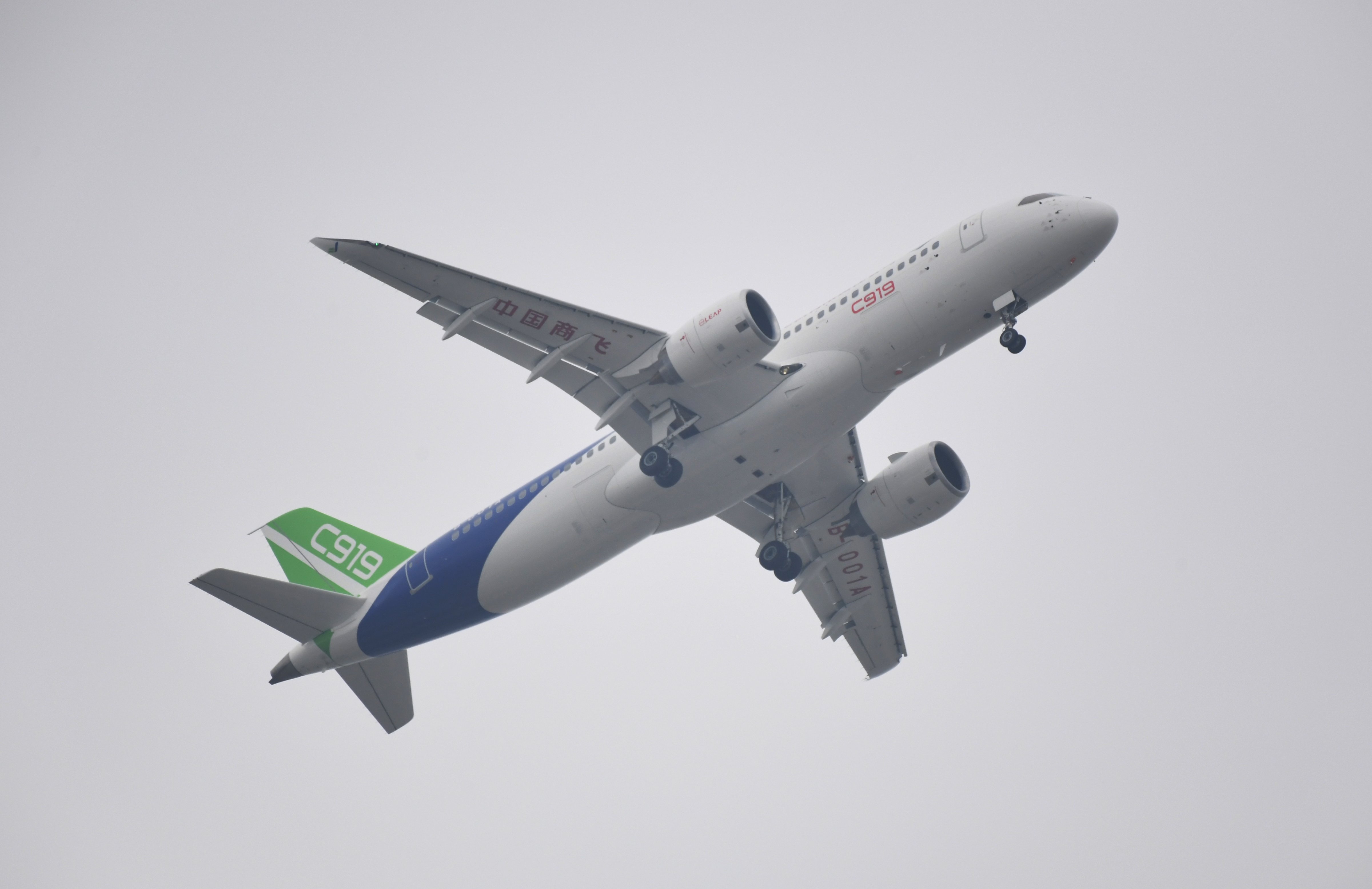 China's home-grown C919 passenger jet takes off from Pudong International Airport in Shanghai on May 5, 2017. (Greg Baker—AFP/Getty Images)