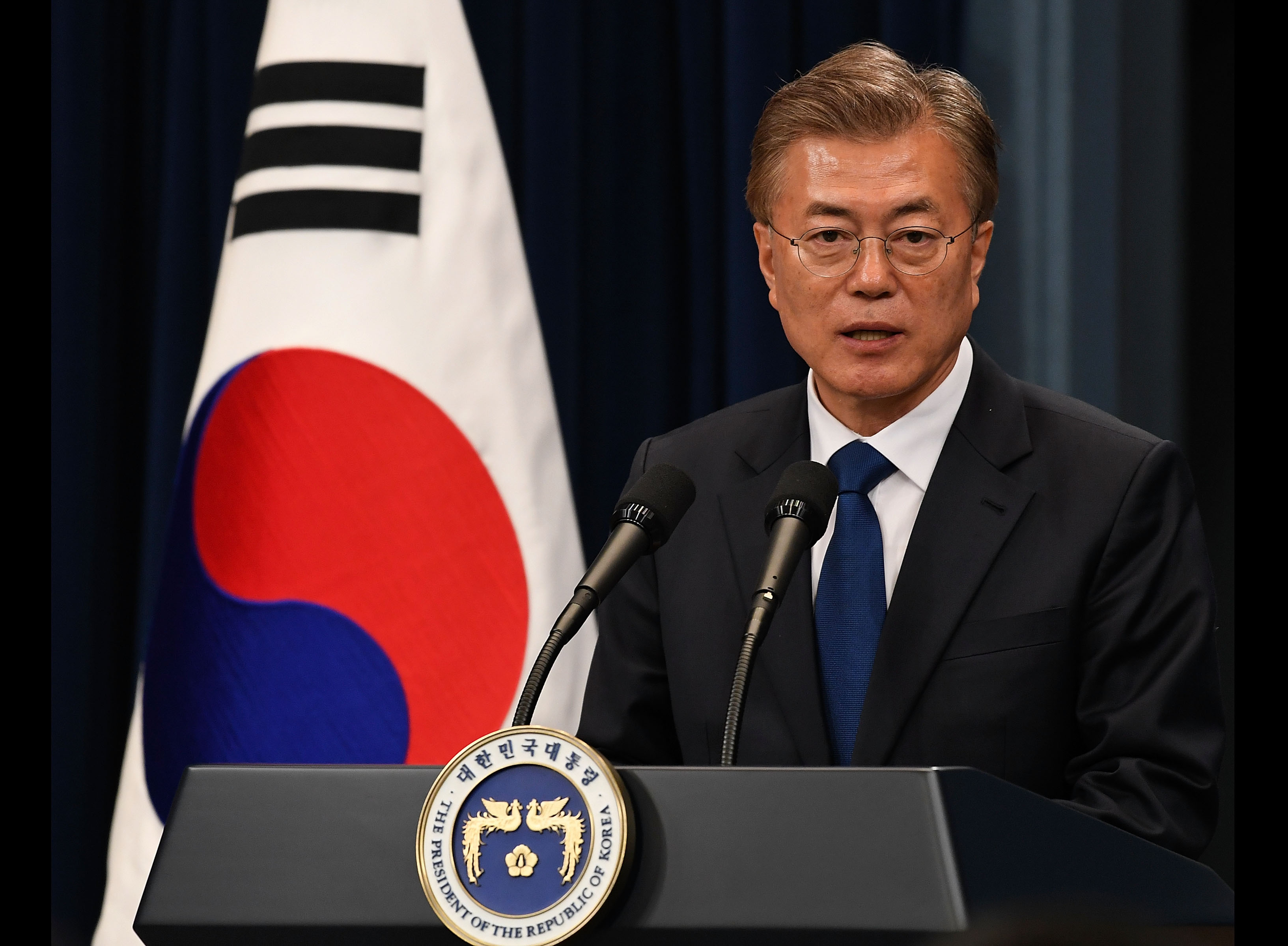 South Korea's new President Moon Jae-In speaks during a press conference at the presidential Blue House on May 10, 2017 in Seoul, South Korea. (Kim Min-Hee—Getty Images)