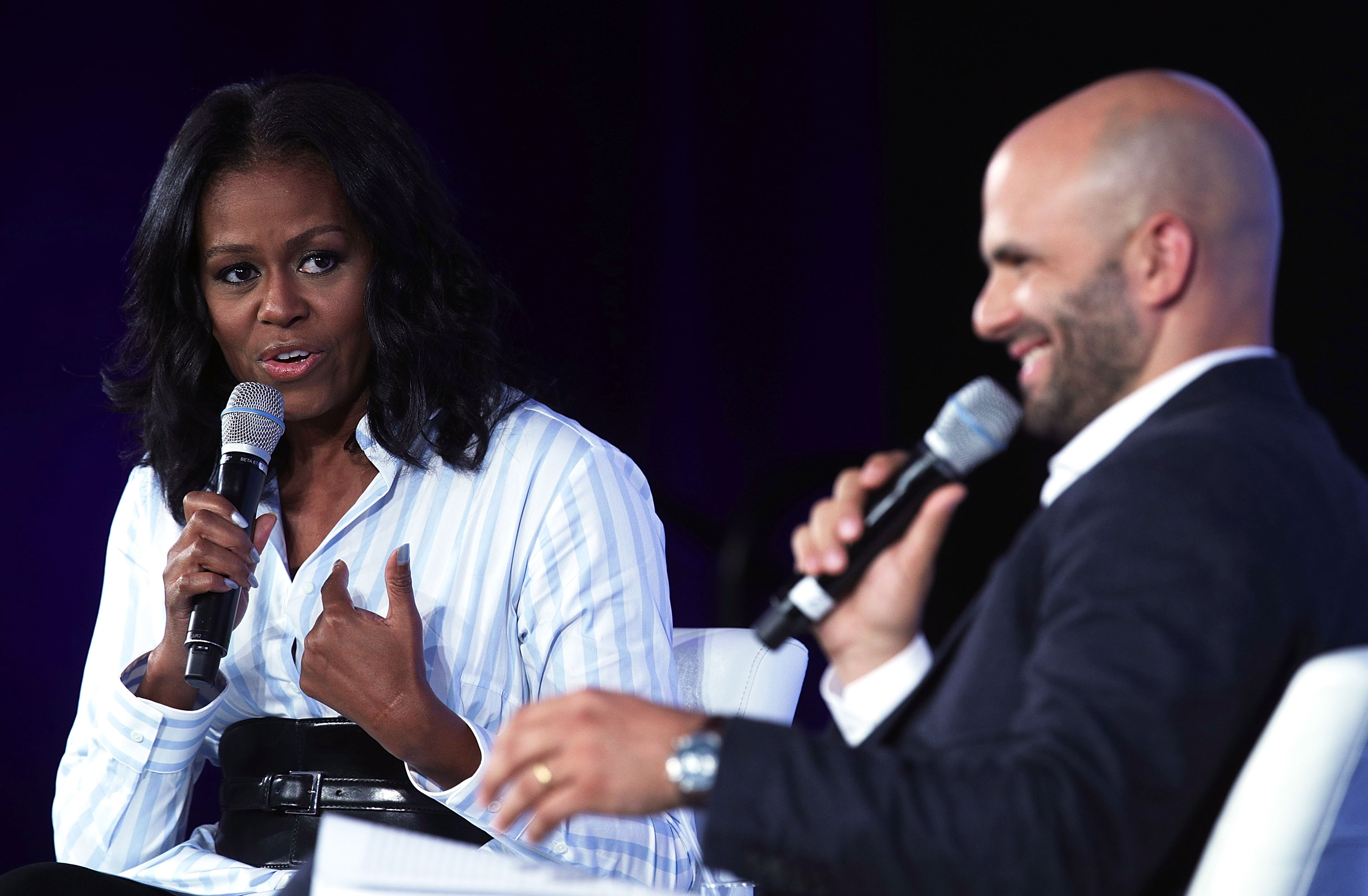 WASHINGTON, DC - MAY 12:  Former First Lady Michelle Obama (L) participates in a discussion with former White House chef and Senior Policy Advisor for Nutrition Policy Sam Kass (R) during the Partnership for a Healthier America Summit May 12, 2017 in Washington, DC. The PHA held its summit to address childhood obesity.  (Photo by Alex Wong/Getty Images) (Alex Wong-Getty Images)