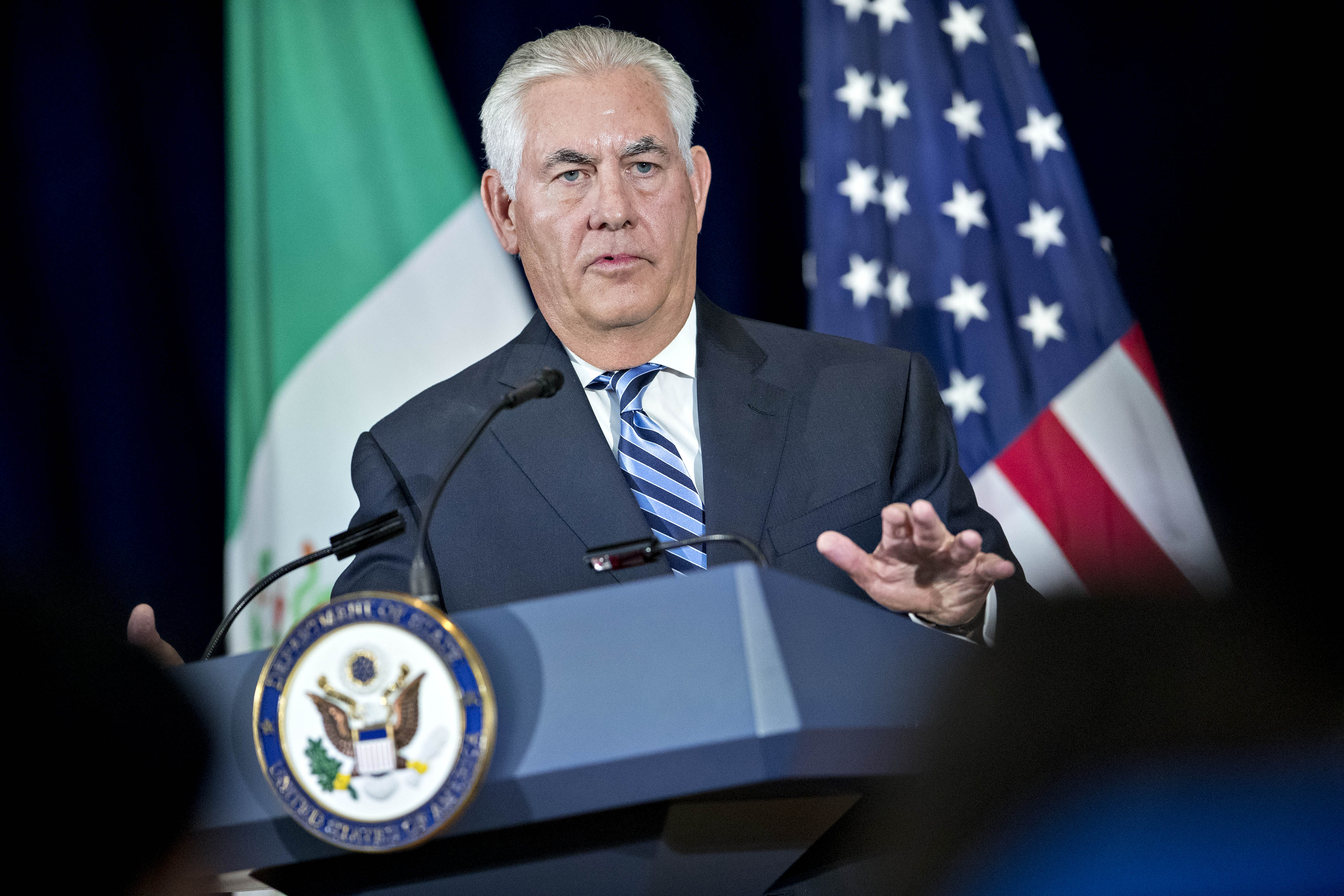 Rex Tillerson, U.S. Secretary of State, speaks during a news conference after a meeting at the State Department in Washington, D.C., U.S., on May 18, 2017. (Andrew Harrer—Bloomberg/Getty Images)