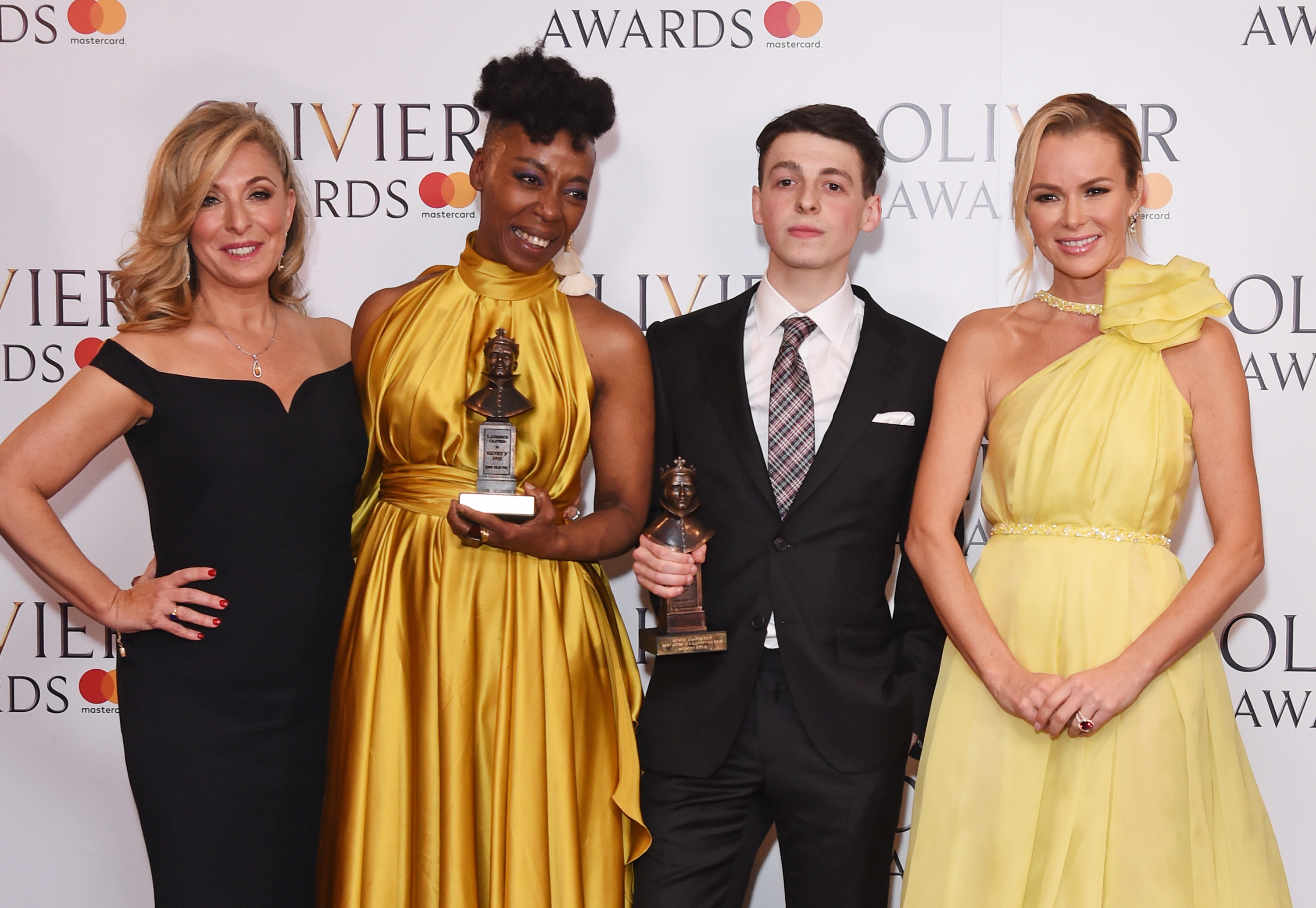 (L to R) Tracy-Ann Oberman, Noma Dumezweni, winner of the Best Actress in a Supporting Role for "Harry Potter And The Cursed Child", Anthony Boyle, winner of the Best Actor in a Supporting Role award for "Harry Potter And The Cursed Child", and Amanda Holden pose in the winners room at The Olivier Awards 2017 at Royal Albert Hall on April 9, 2017 in London. (David M. Benett—Dave Benett/Getty Images)