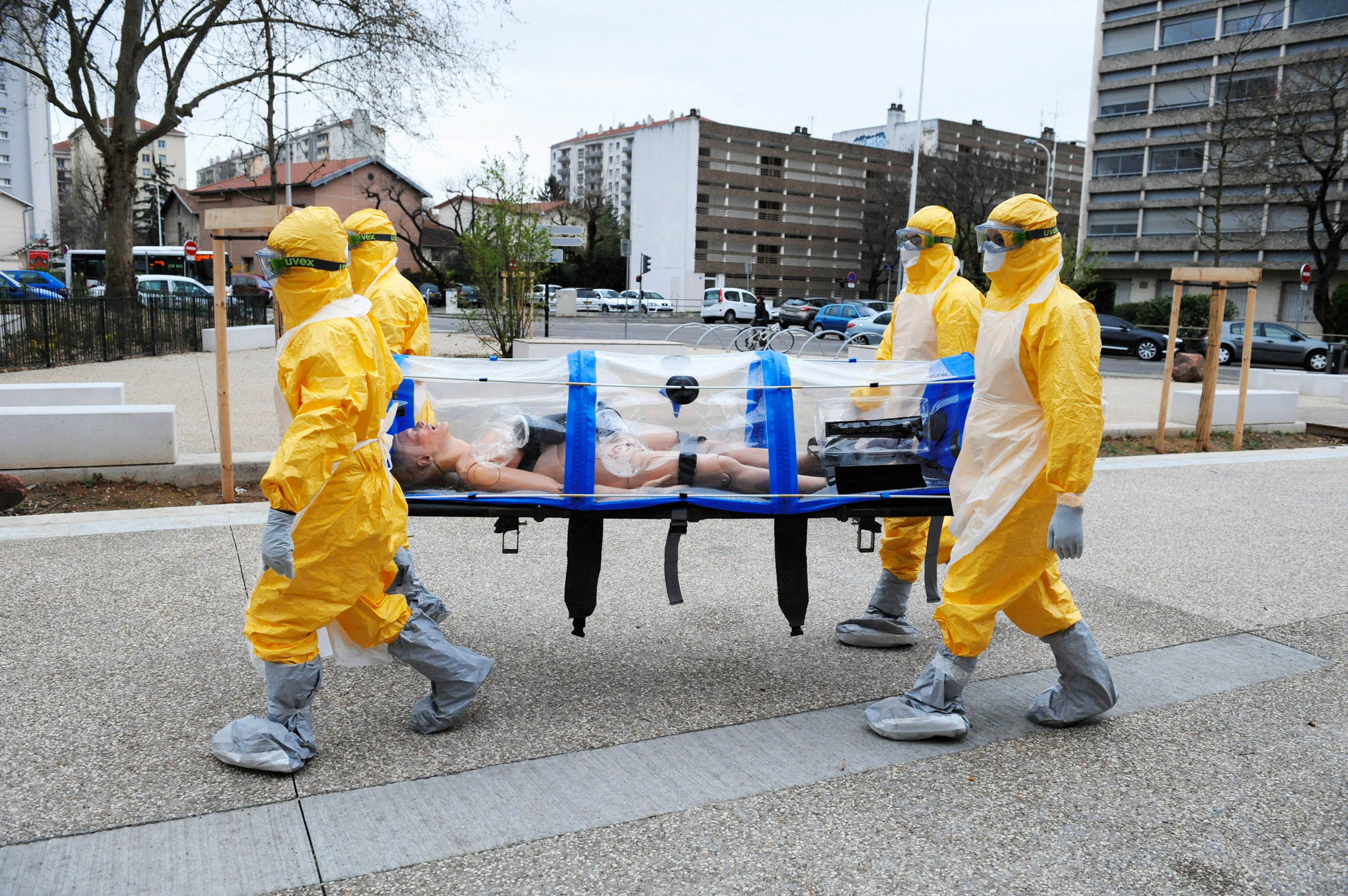 A dummy body is transported during an Ebola drill in Lyon, France, in 2015 (Laurent Cerino—REA/Redux)
