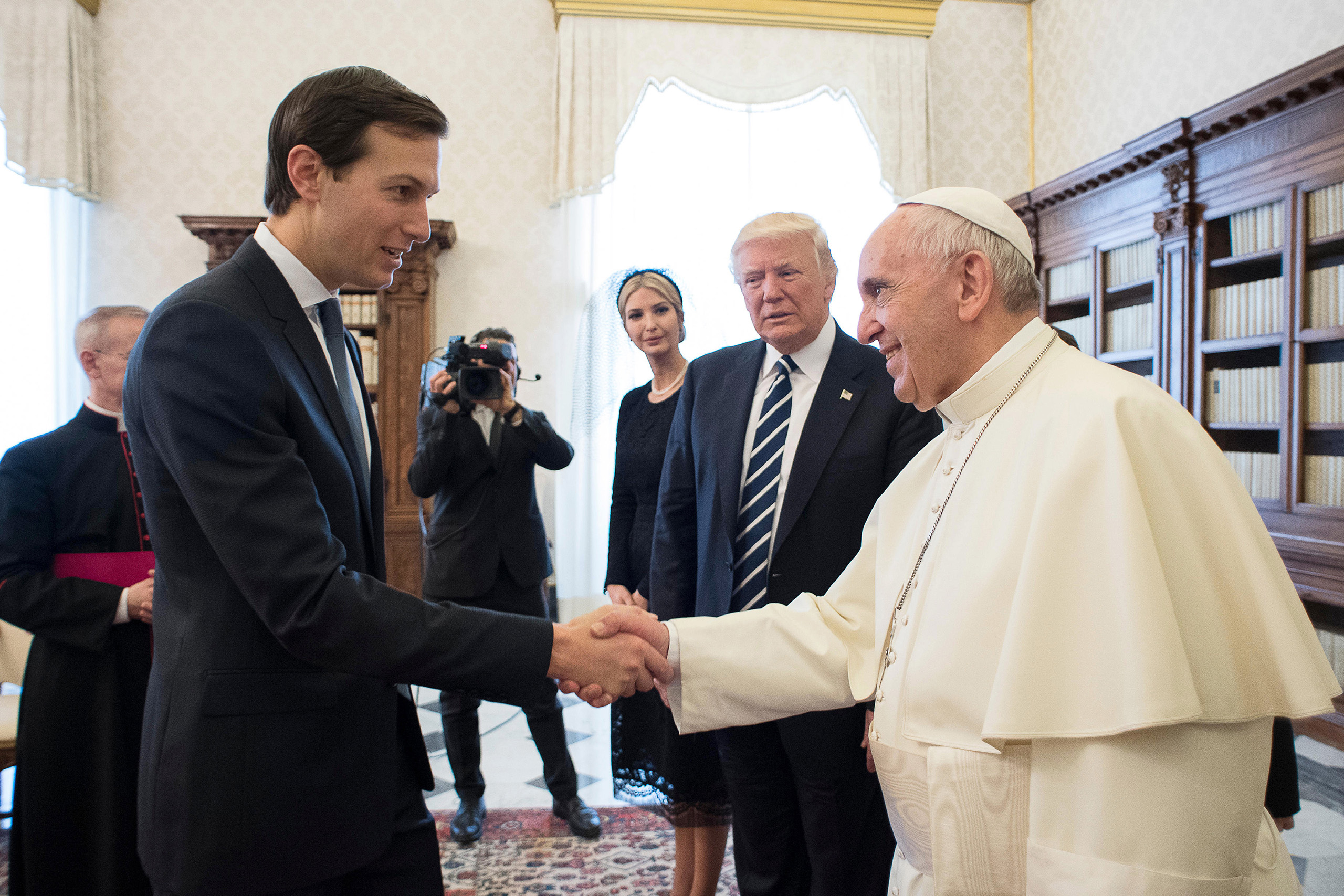 Pope Francis greets White House senior advisor Jared Kushner during a meeting with US President Donald Trump, his wife First Lady Melania Trump and his daughter Ivanka at the Vatican on May 24, 2017.