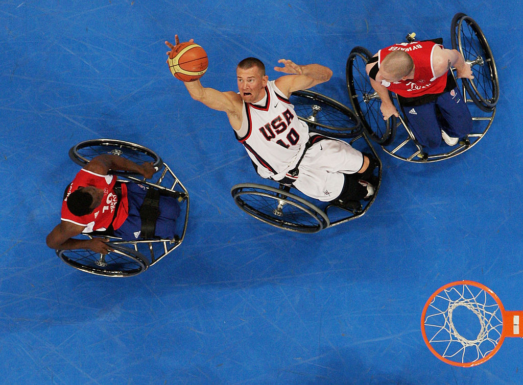 Jeff Glasbrenner rebounds during the Bronze Medal Wheelchair Basketball match during the 2008 Paralympic Games on September 16, 2008 in Beijing, China. (Adam Pretty—Getty Images)
