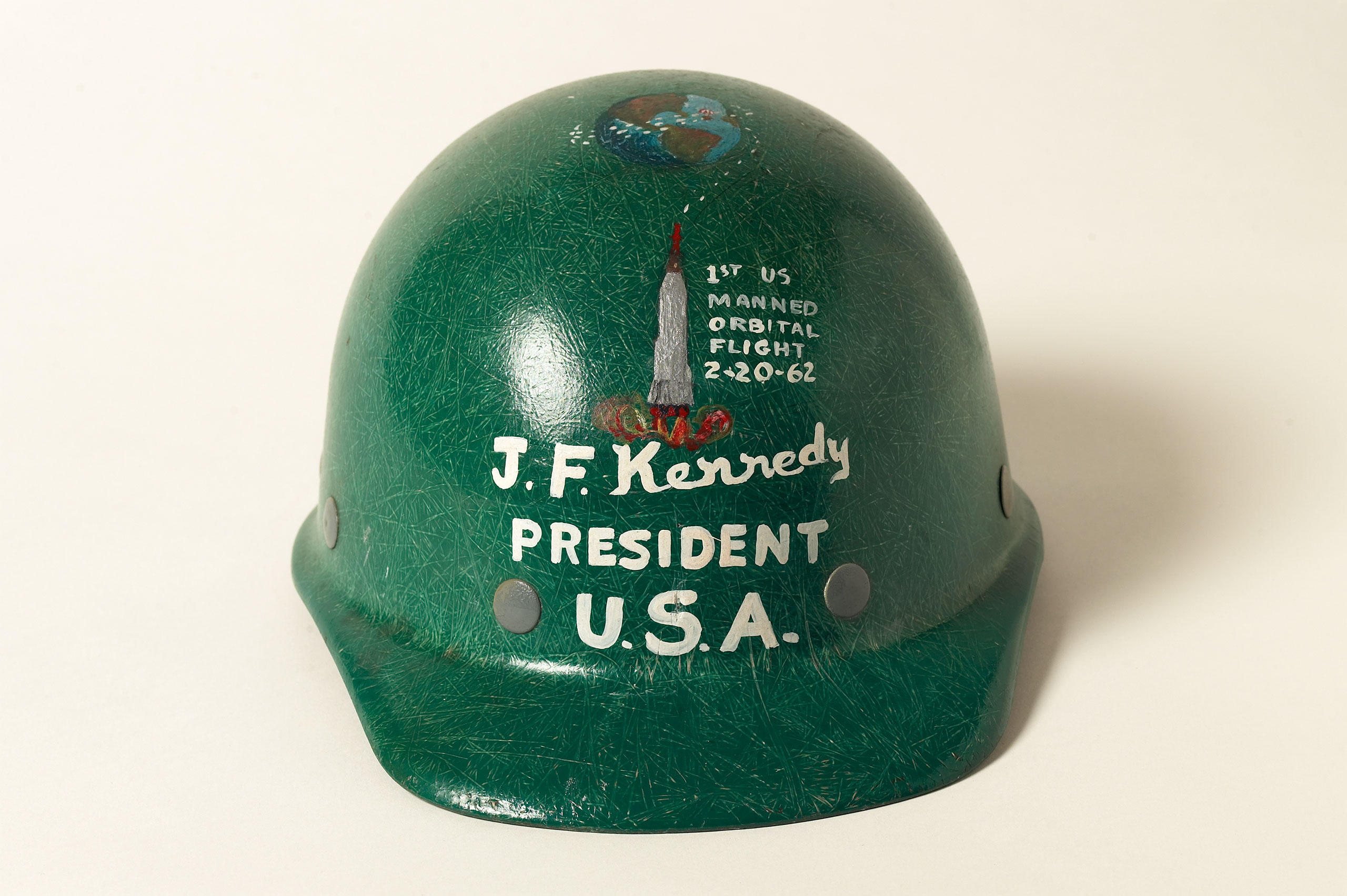 Project Mercury hard hat presented to President Kennedy by John Glenn on Feb. 23, 1962. Photo by Joel Benjamin
