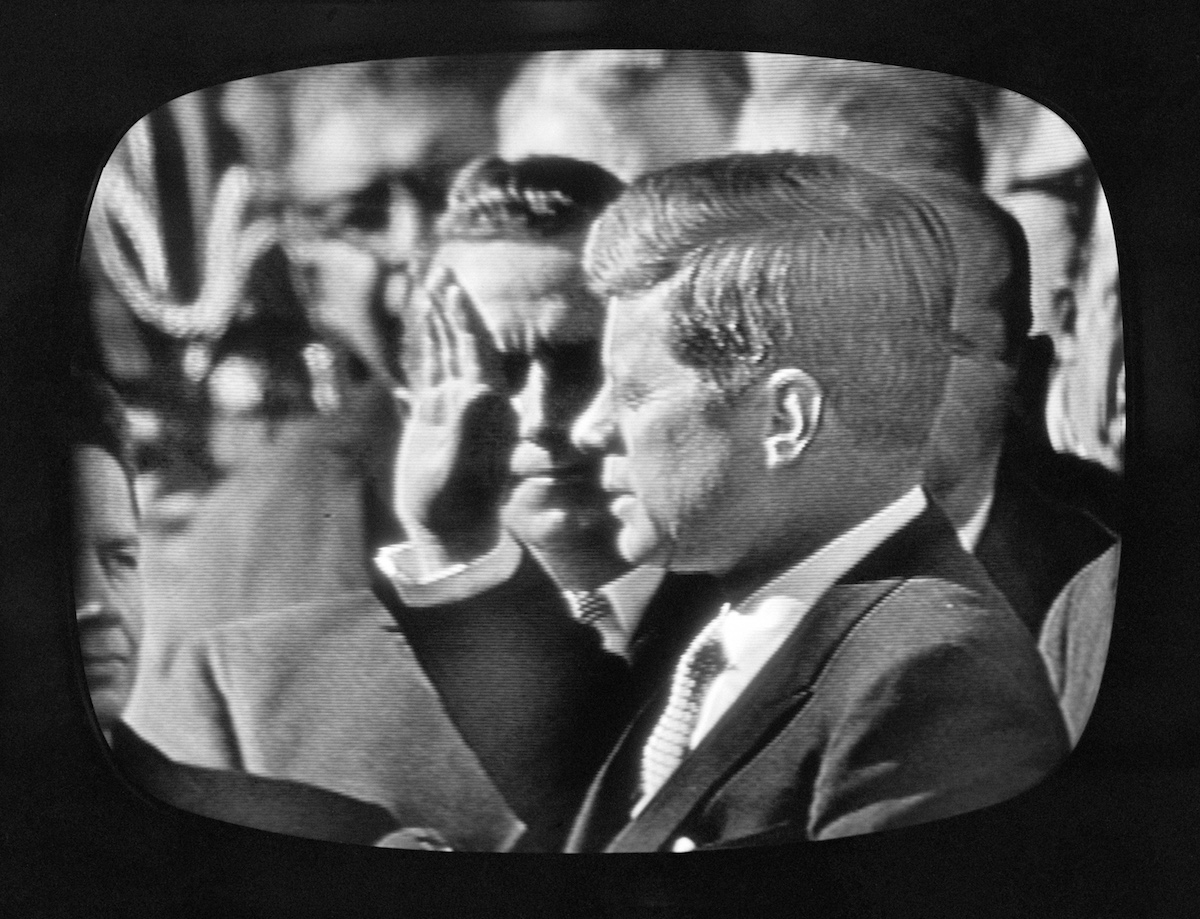 President John F. Kennedy taking the oath of office at his inauguration, January 20, 1961. Image shot of television screen.  Copyright © 1961 CBS Broadcasting Inc. (CBS Photo Archive / Getty Images)