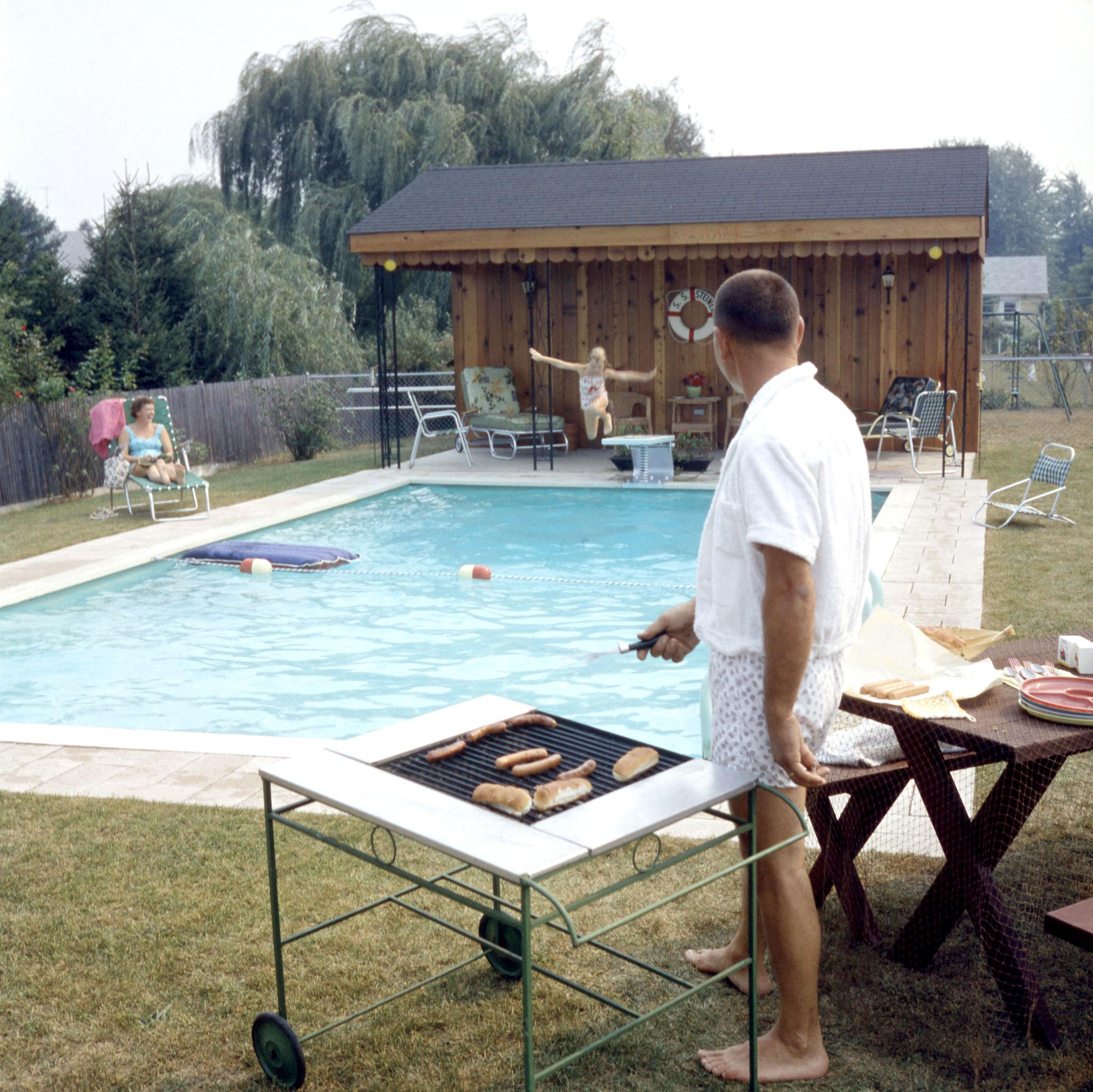 Color photographs of backyard pools in 1960.