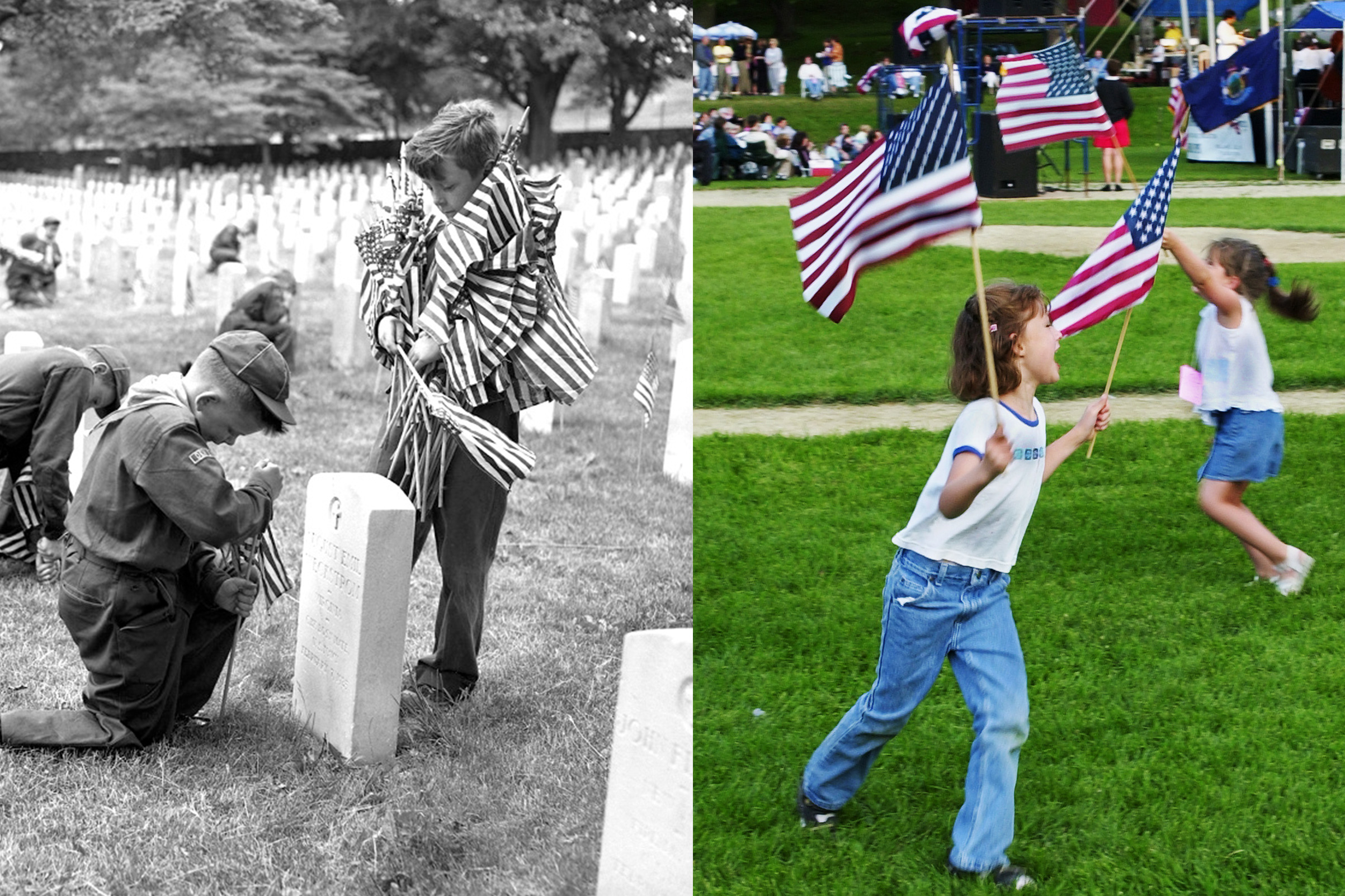 (L-R): Boy Scouts decorating graves for Memorial Day, 1955; Two young girls running around with American Flags from Memorial Day, 2001. (Ed Clarity/NY Daily News Archive via Getty Images; Gordon Chibroski/Portland Press Herald via Getty Images)