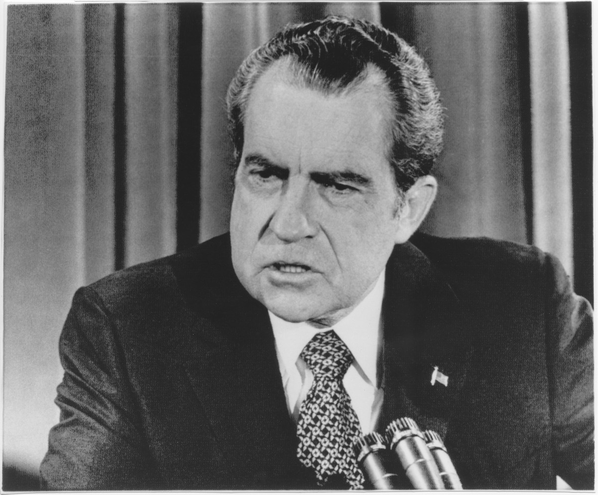 U.S. President Richard Nixon during Press Conference Regarding Middle East Crisis and Watergate, 1973. (Universal History Archive / Getty Images)