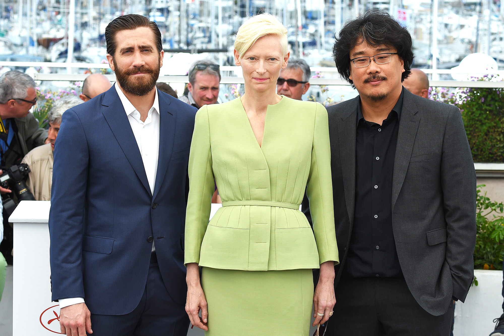 From left: Jake Gyllenhaal, Tilda Swinton and director Bong Joon-Ho in Cannes, France, on May 19, 2017. (Anthony Harvey—Getty Images)