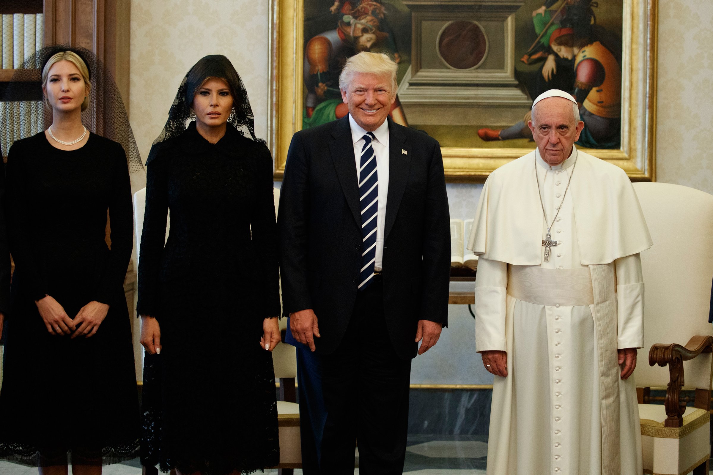 Ivanka Trump, First Lady Melania Trump, and President Donald Trump stand with Pope Francis during a meeting at the Vatican on May 24, 2017.