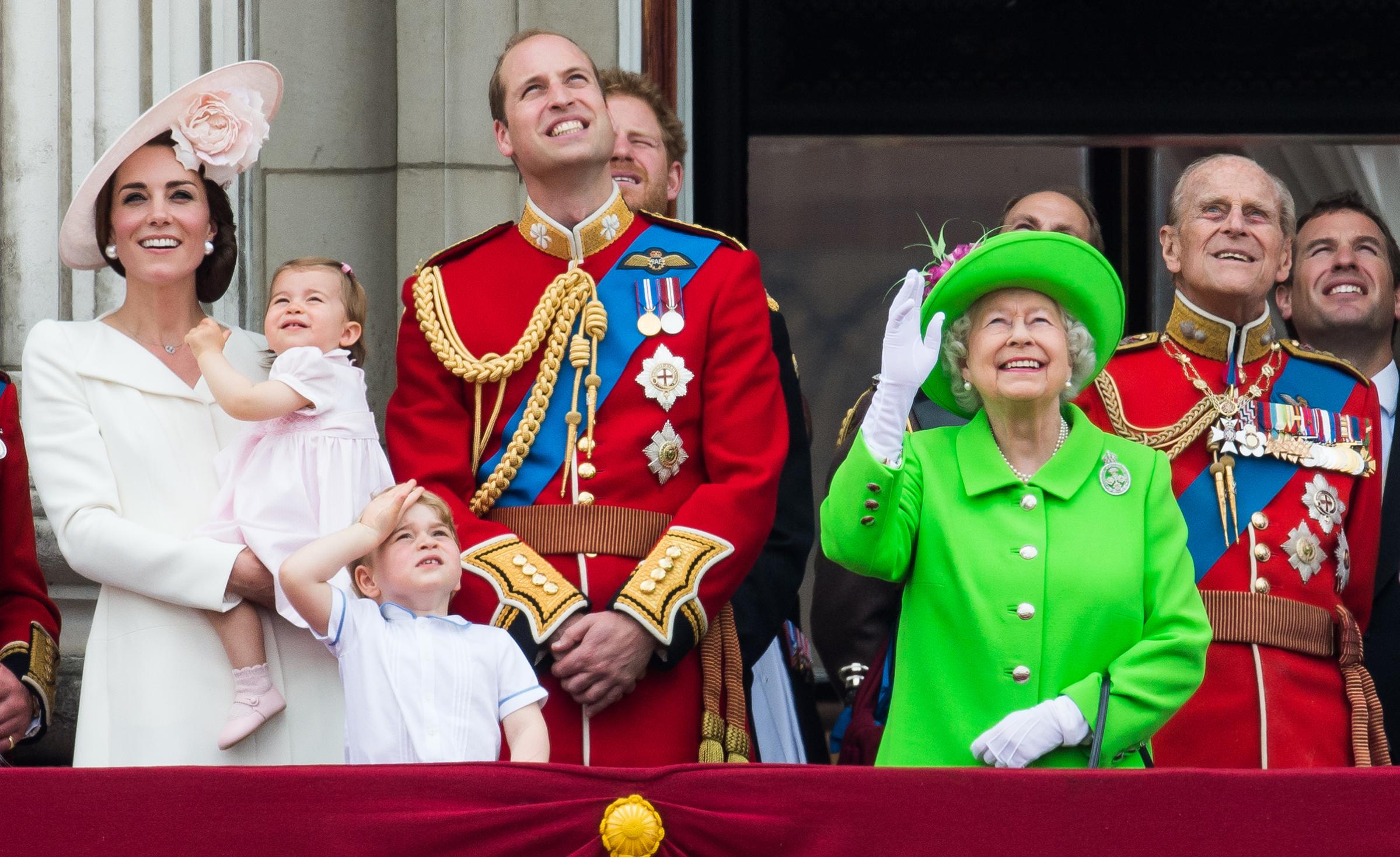Catherine, Duchess of Cambridge, Princess Charlotte, Prince George, Prince William, Duke of Cambridge, Queen Elizabeth II and Prince Philip, Duke of Edinburgh, stand on the balcony during the Trooping the Colour, this year marking the Queen's official 90th birthday at The Mall in London on June 11, 2016 in London, England. The ceremony is the Queen's annual birthday parade.
