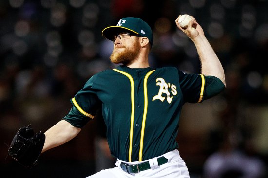 Sean Doolittle of the Oakland Athletics pitches against the Texas Rangers during the seventh inning at the Oakland Coliseum, on April 18, 2017 in Oakland, Calif.