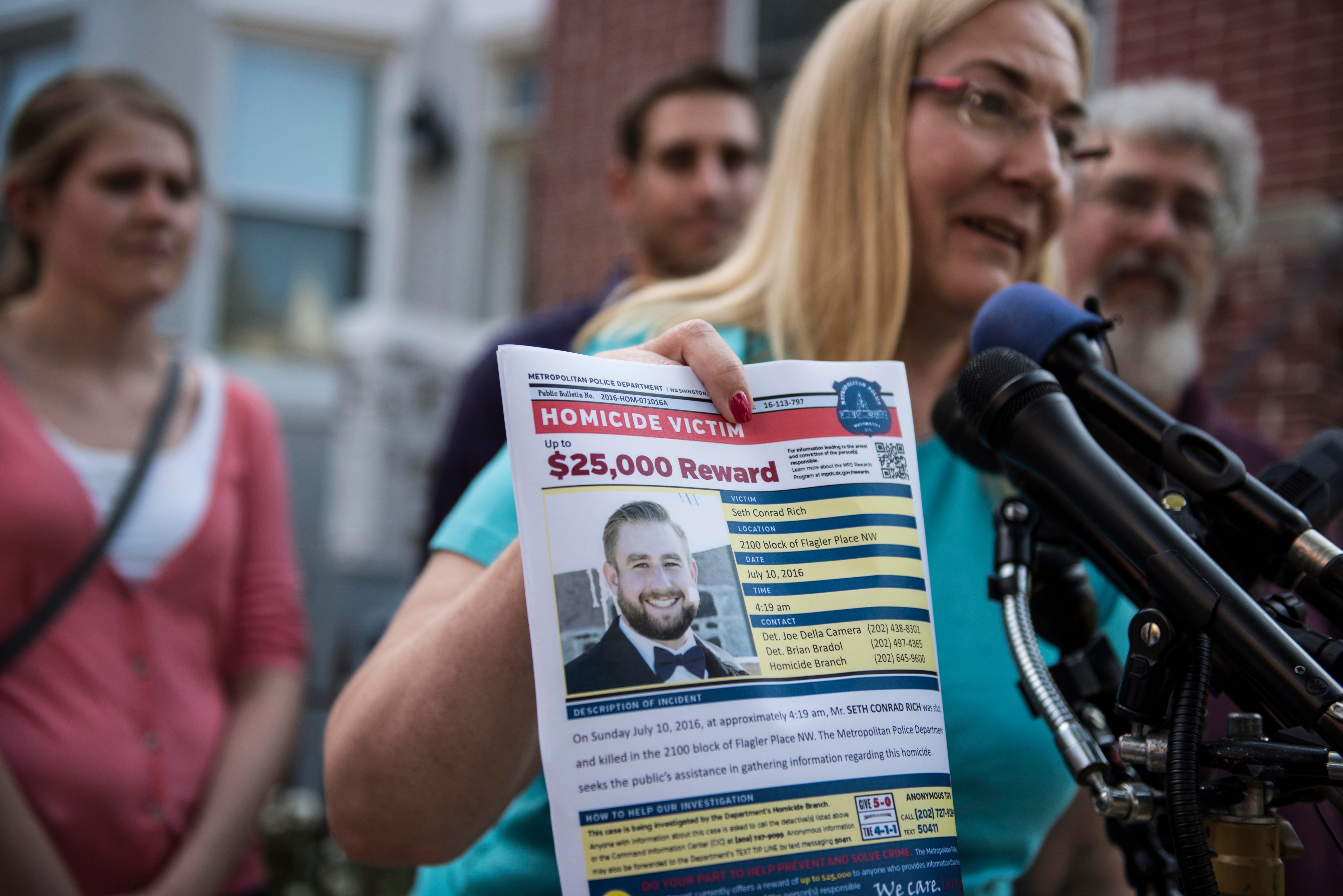 Mary Rich, the mother of slain DNC staffer Seth Rich, gives a press conference in Bloomingdale on August 1, 2016. Seth Rich was gunned down in the DC neighborhood a month ago and the Rich's were imploring people for any information they may have about his killer. (Michael Robinson Chavez—The Washington Post/Getty Images)