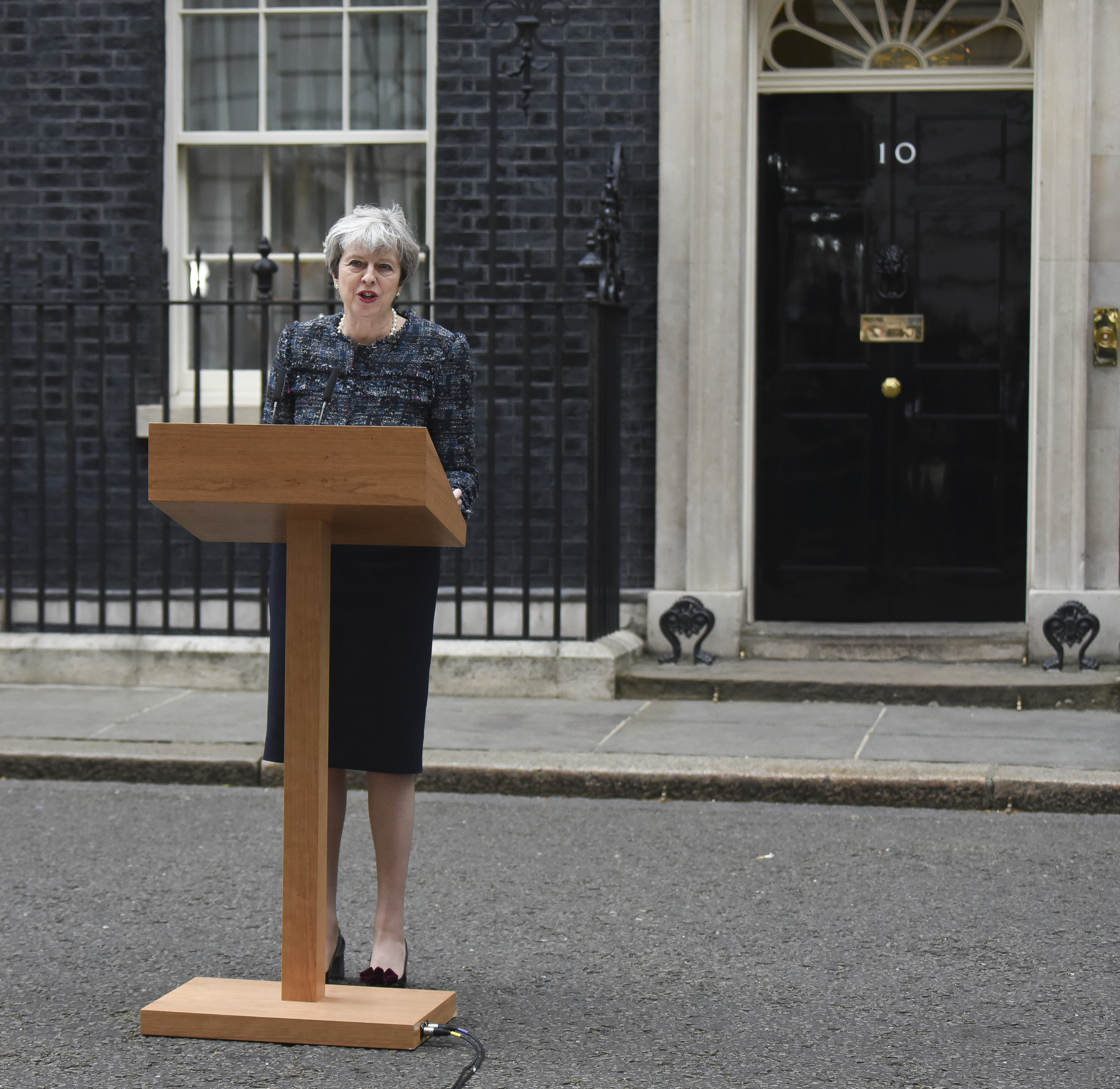 Prime Minister Theresa May seen at Downing Street after seeing the Queen and making a speech to the nation on May 03, 2017 in London. (Steve Back—Barcroft Images via Getty Images)