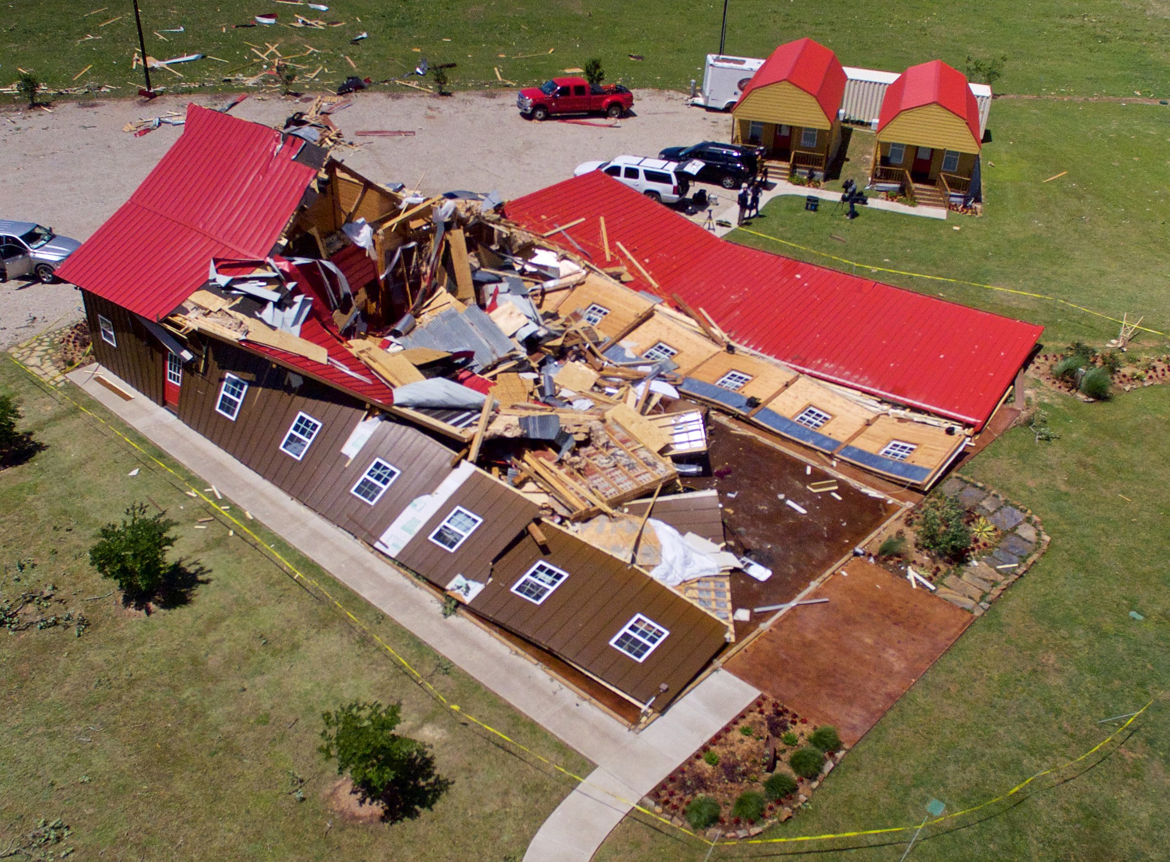 The Rustic Barn, an event hall, which suffered major tornado damage, is seen from an unmanned aerial vehicle in Canton, Texas