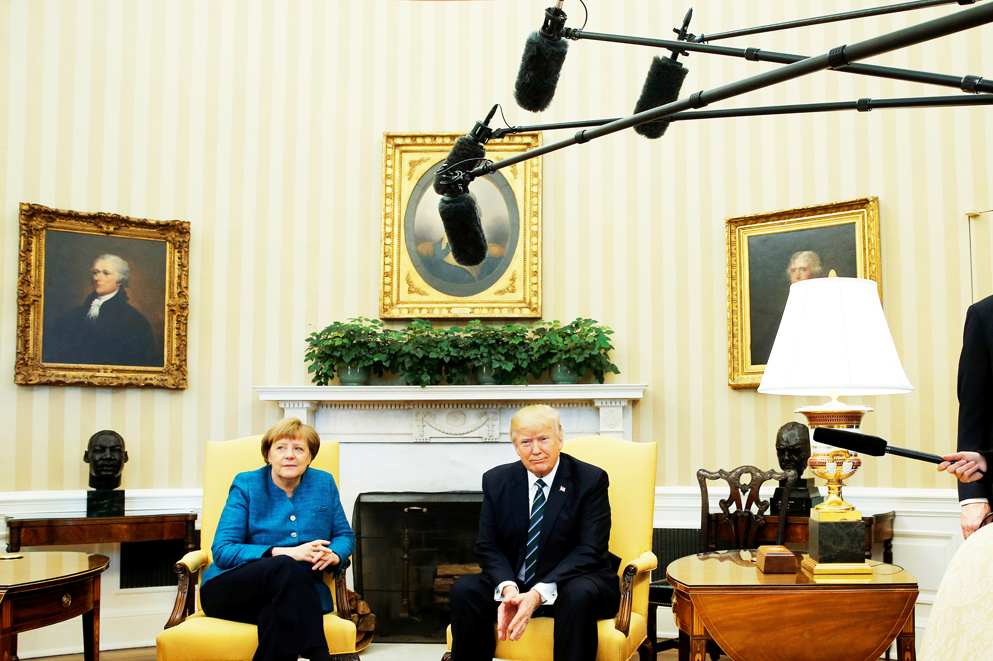 Germany's Chancellor Angela Merkel meets with Donald Trump, after notably not shaking hands at the White House in Washington, D.C., on March 17, 2017.