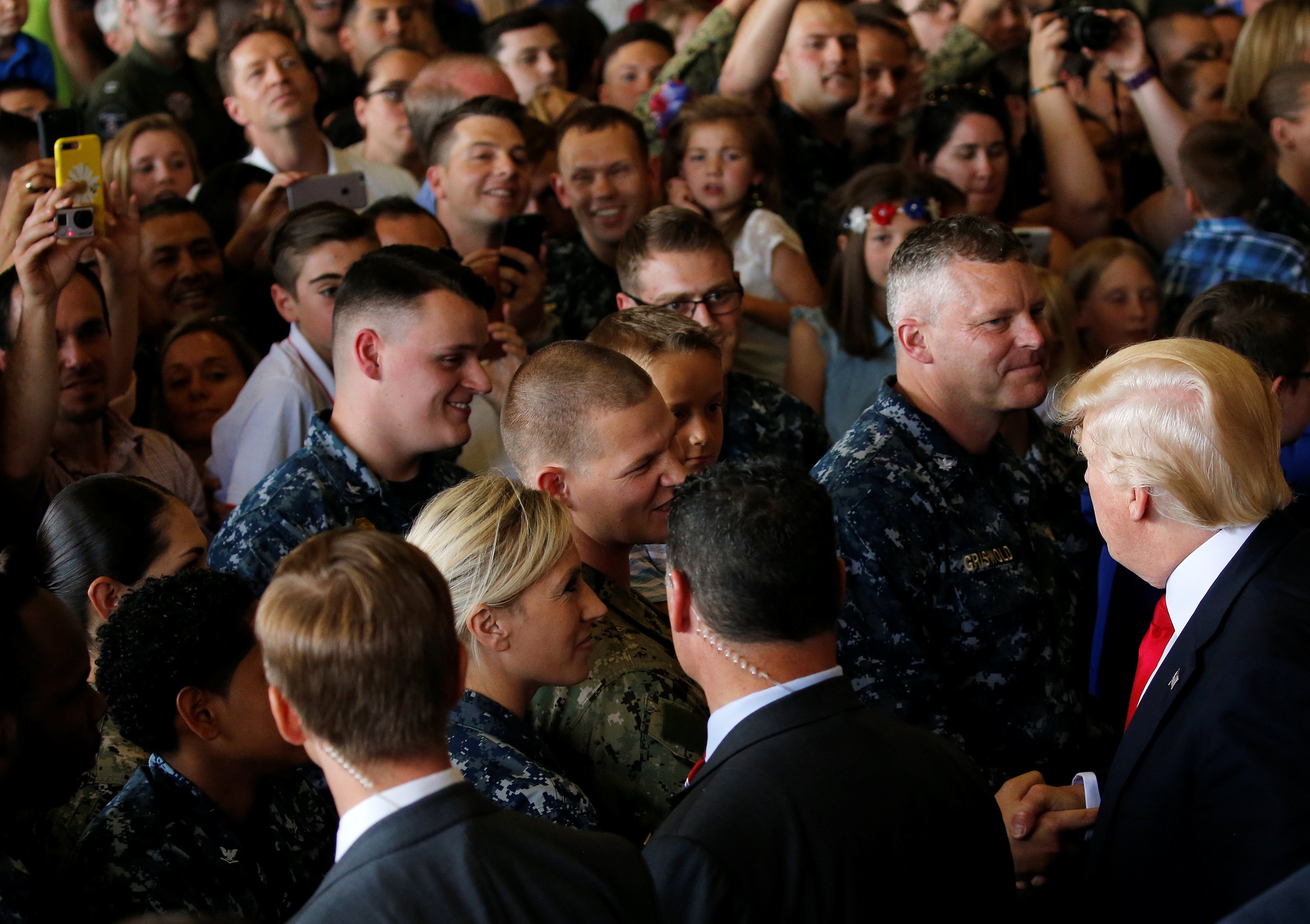 President Trump greets U.S. troops and their families at the Naval Air Station Sigonella before returning to Washington D.C. at Sigonella Air Force Base in Sicily, Italy, May 27, 2017.