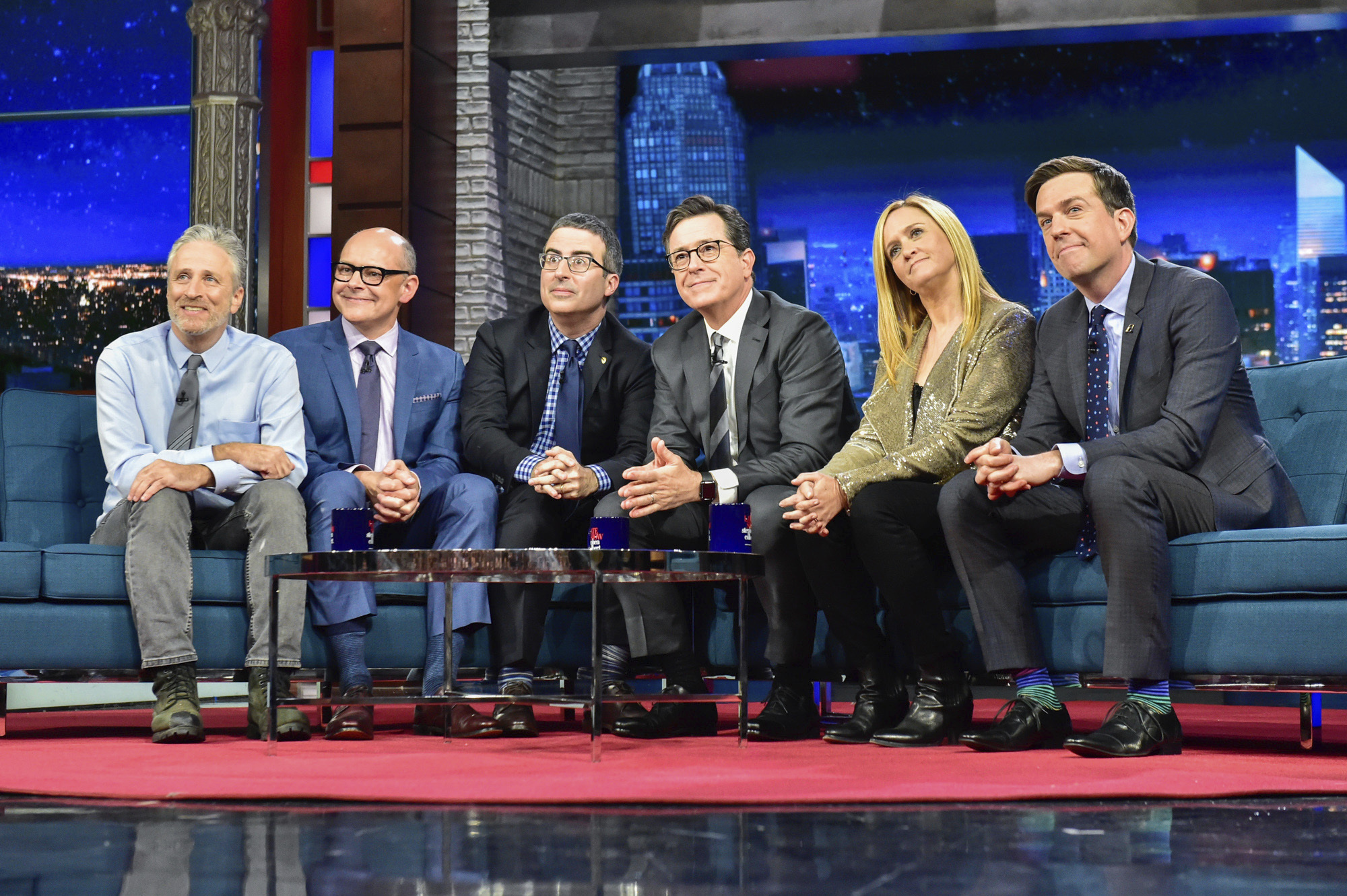 Stephen Colbert with guests Jon Stewart, Rob Corddry, John Oliver, Samantha Bee, and Ed Helms during "The Late Show with Stephen Colbert," on May 9, 2017, in New York. (Scott Kowalchyk—CBS/AP)