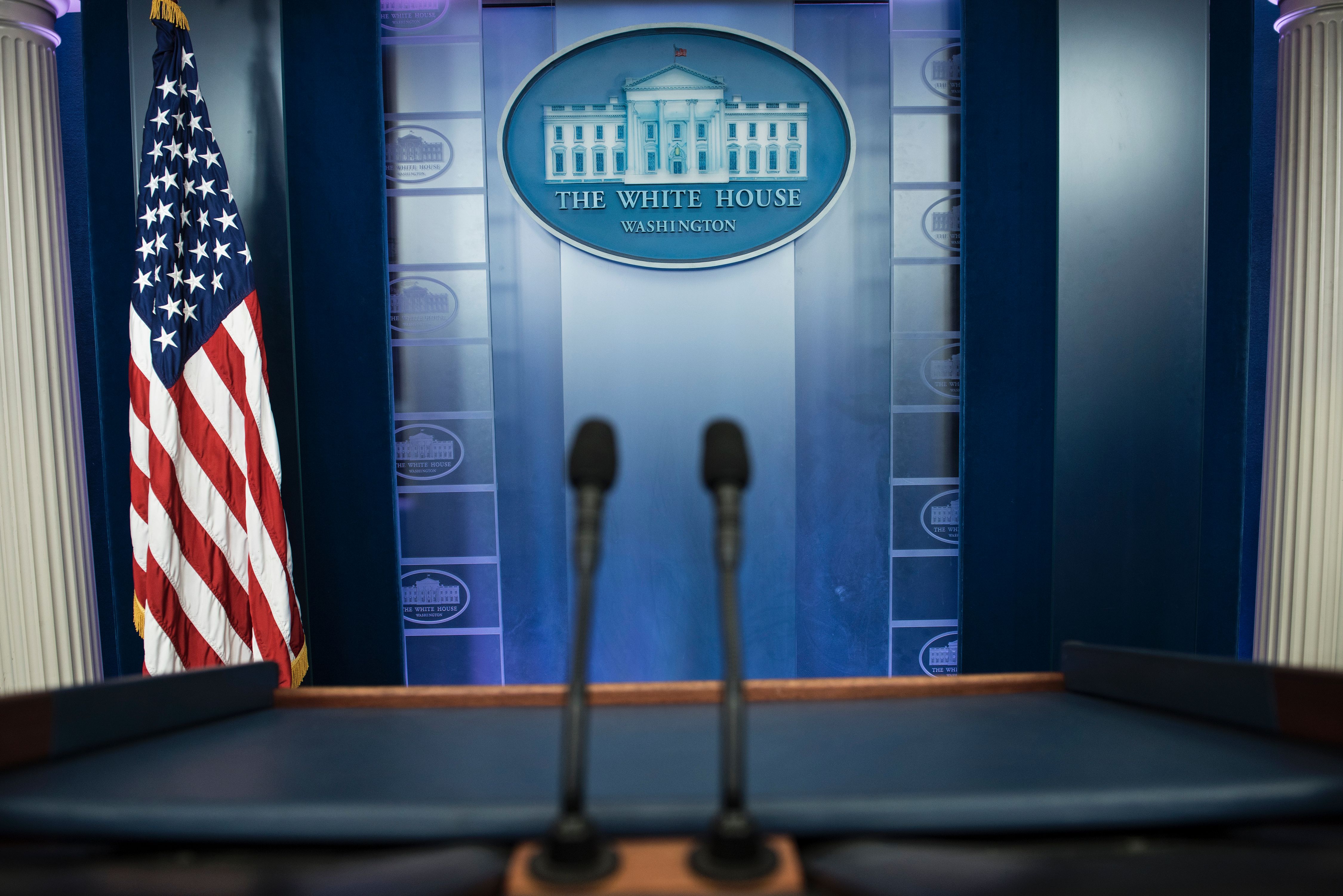 An empty podium is seen as an off camera briefing is held with a small group of reporters and White House Press Secretary Sean Spicer instead of the normal on camera briefing in the White House February 24, 2017 in Washington, DC. (BRENDAN SMIALOWSKI—AFP/Getty Images)