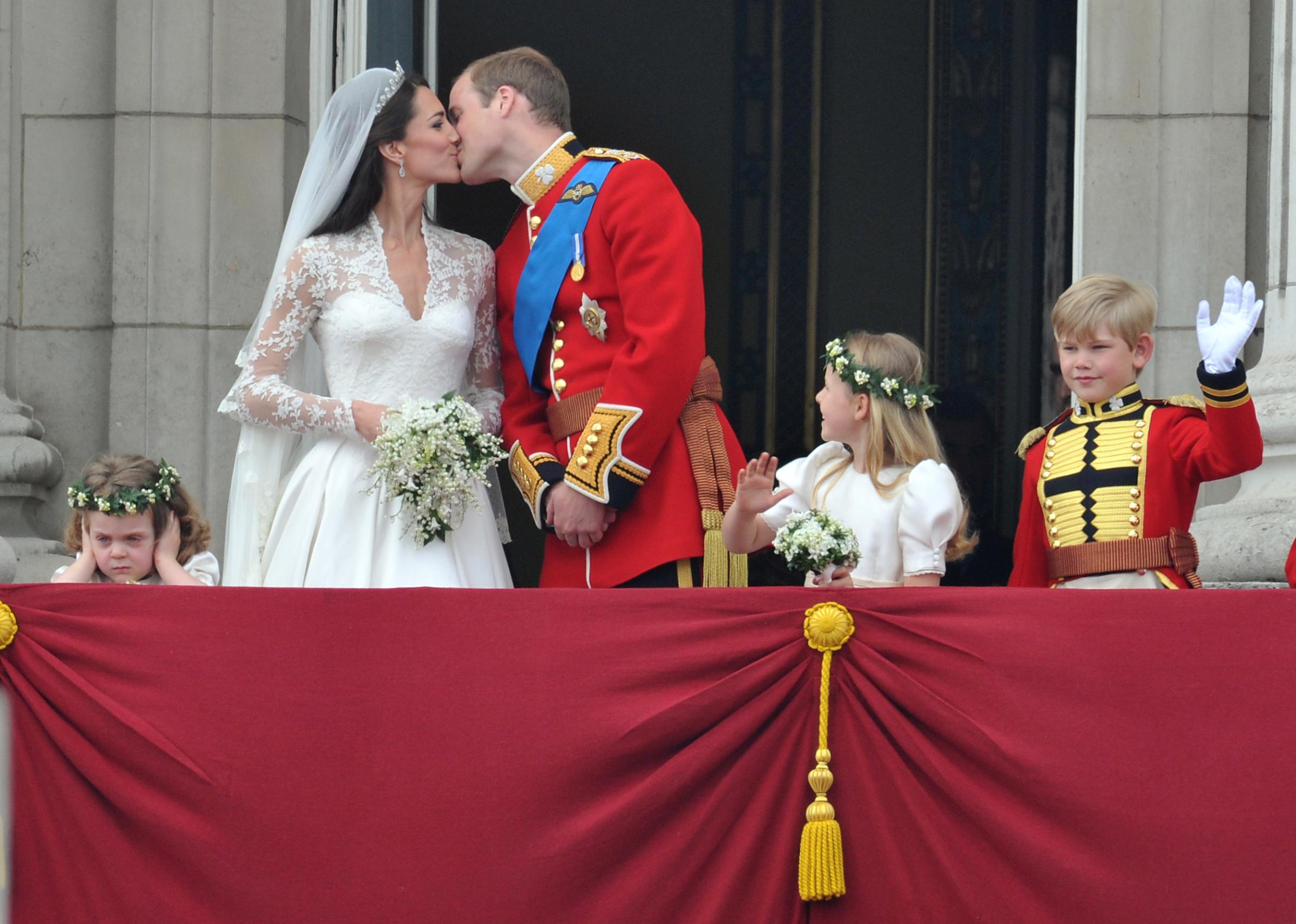Princess Catherine and Prince William on the balcony of Buckingham Palace in London, Britain, April 29, 2011, after their marriage ceremony.