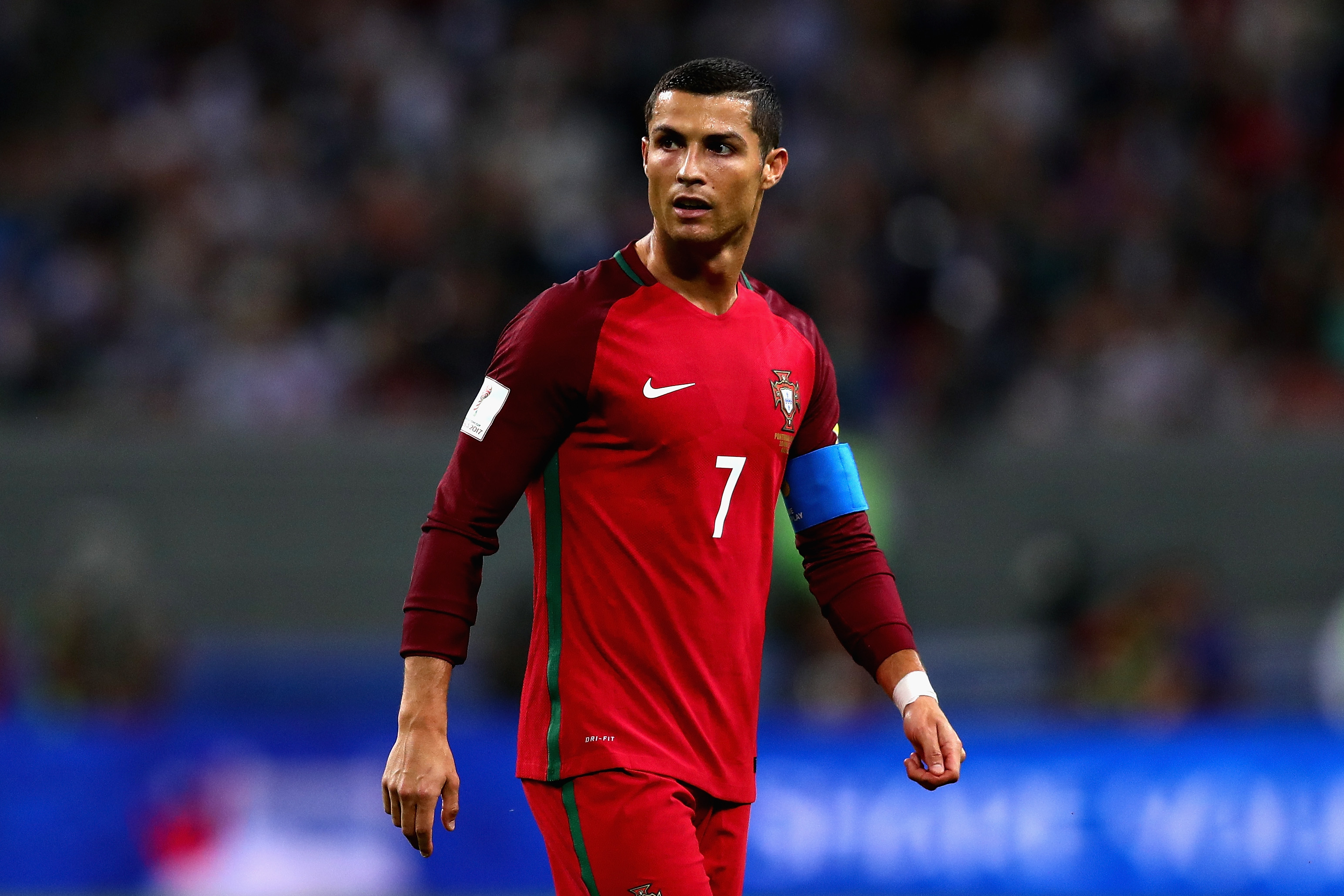 Cristiano Ronaldo of Portugal in action during the FIFA Confederations Cup Russia 2017 Semi-Final between Portugal and Chile at Kazan Arena on June 28, 2017 in Kazan, Russia. (Chris Brunskill Ltd—Getty Images)