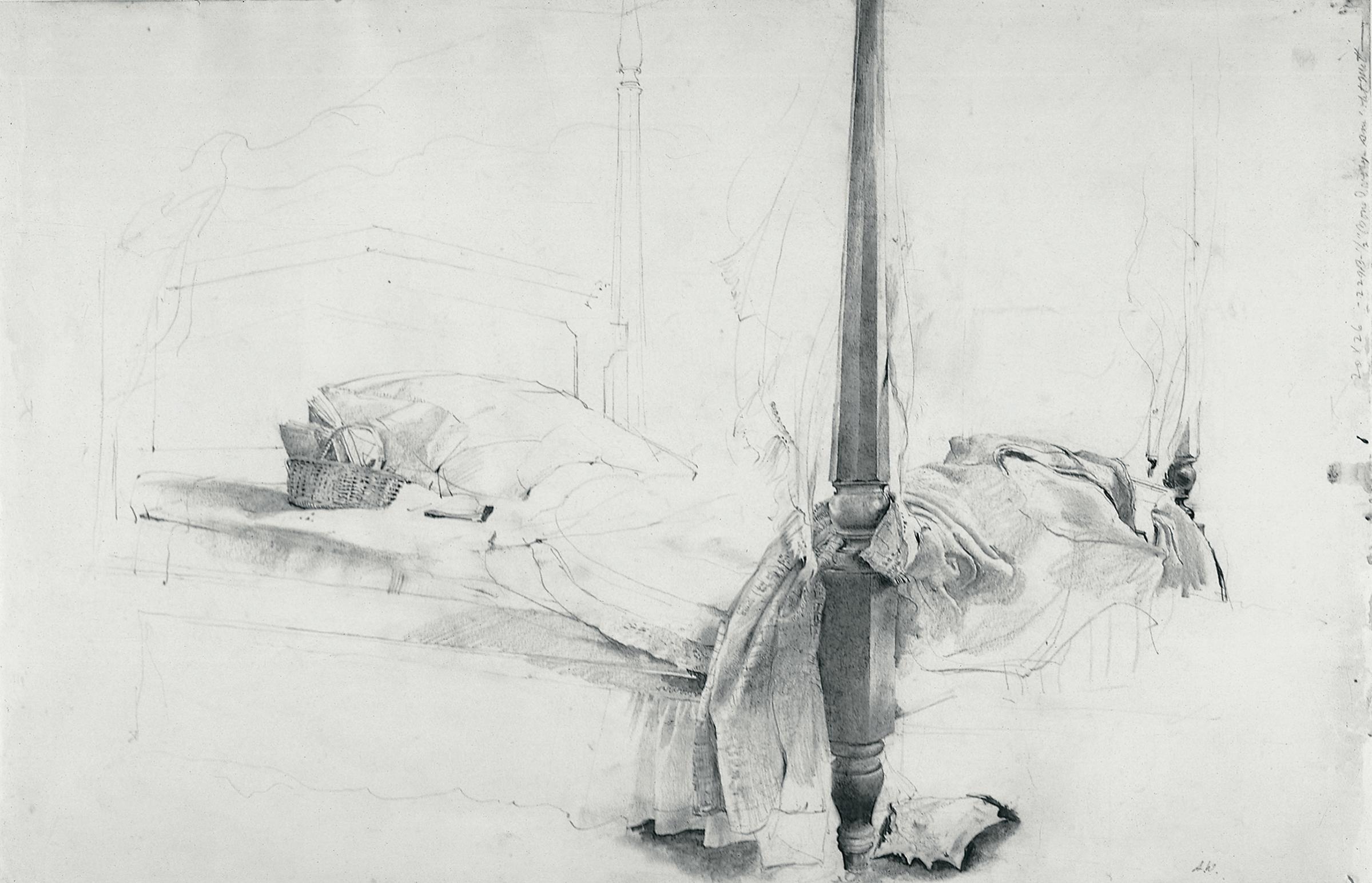 The Bed, Study for Chambered Nautilus, 1956 pencil on paper from The Andrew and Betsy Wyeth Collection.