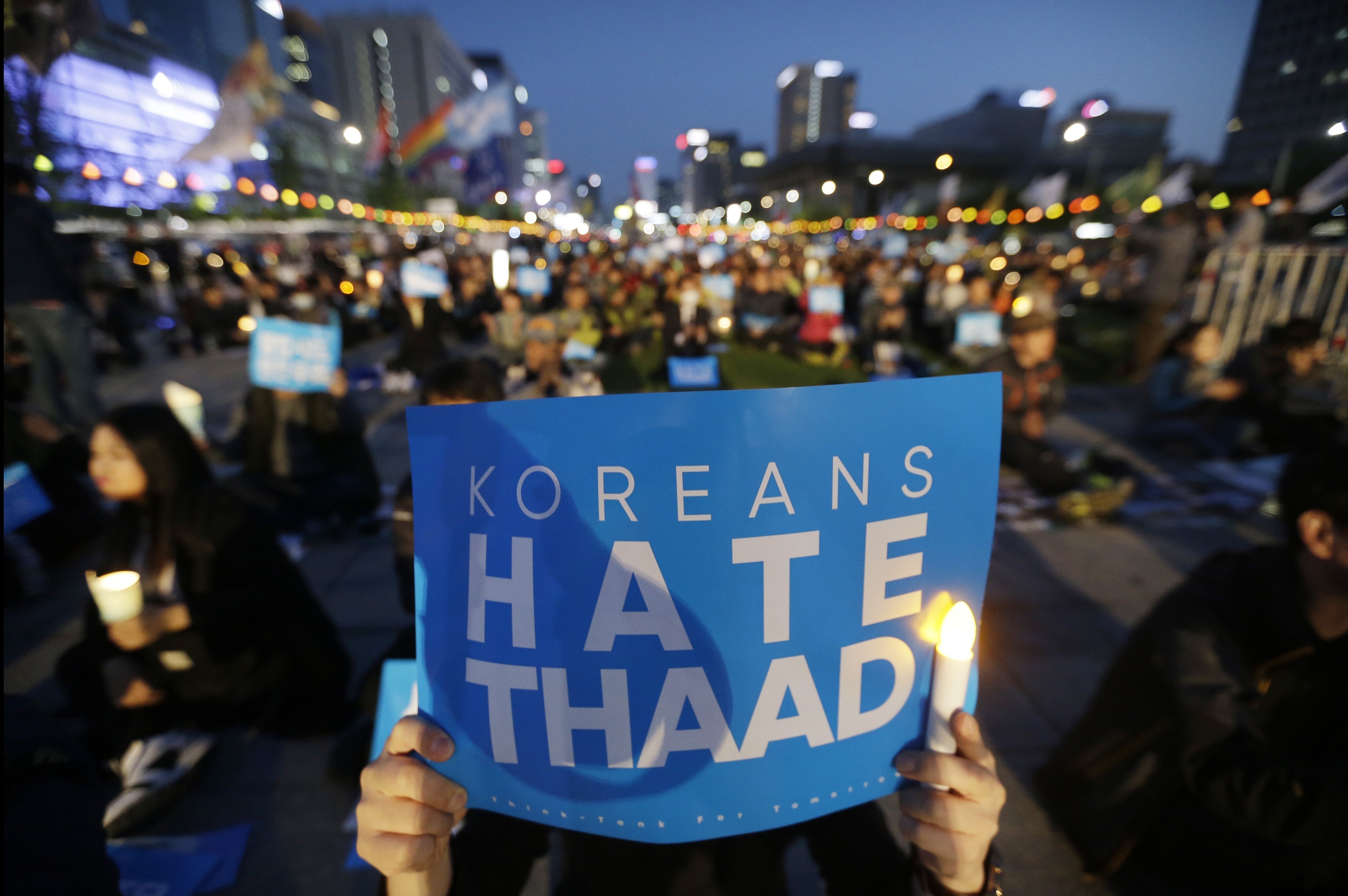 South Korean protesters stage a rally to oppose a plan to deploy the advanced U.S. missile defense system called Terminal High-Altitude Area Defense, or THAAD, near U.S. Embassy in Seoul, South Korea, Saturday, April 29, 2017. (Ahn Young-joon—AP)